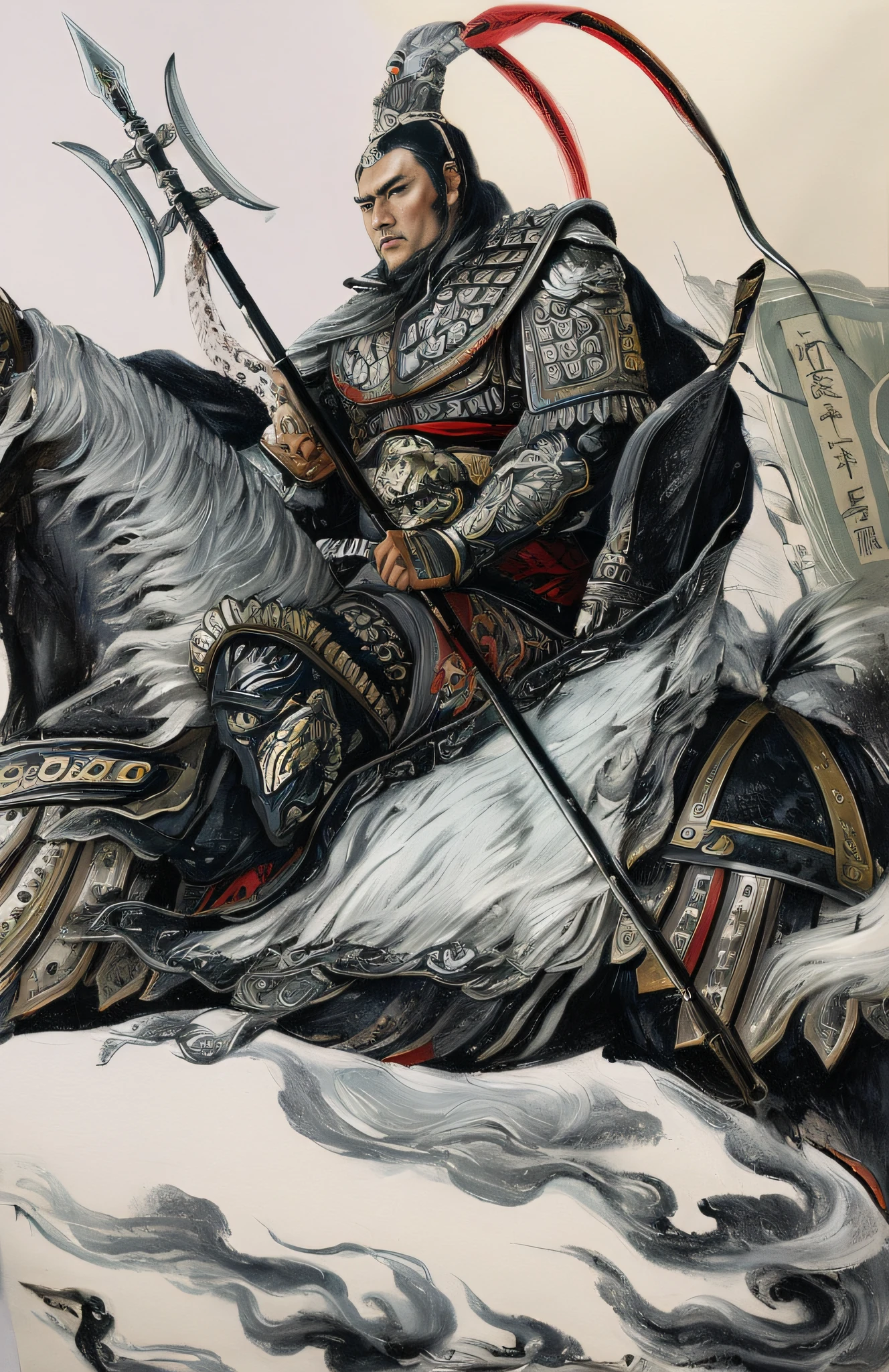 ((Unreal Engine 5)), Realistic rendering, Excellent, (Full set of samurai armor), (Cuirassiers), (The flag), Painting of a Song dynasty general riding a war horse, long white robe，Silver armor helmet，With a spear in his hand，A majestic general，The battlefield of gunsmoke，The feeling comes from Chen Danqing, The feeling comes from Shen Quan, Inspired by Hu Zaobin, inspired by Zhu Derun, inspired by Tawaraya Sōtatsu,  ukiyo-style，inspired by Kawanabe Kyōsai, inspired by Kanō Hōgai, inspired by Kanō Sanraku, Inspired by Ryūkōsai Jokei