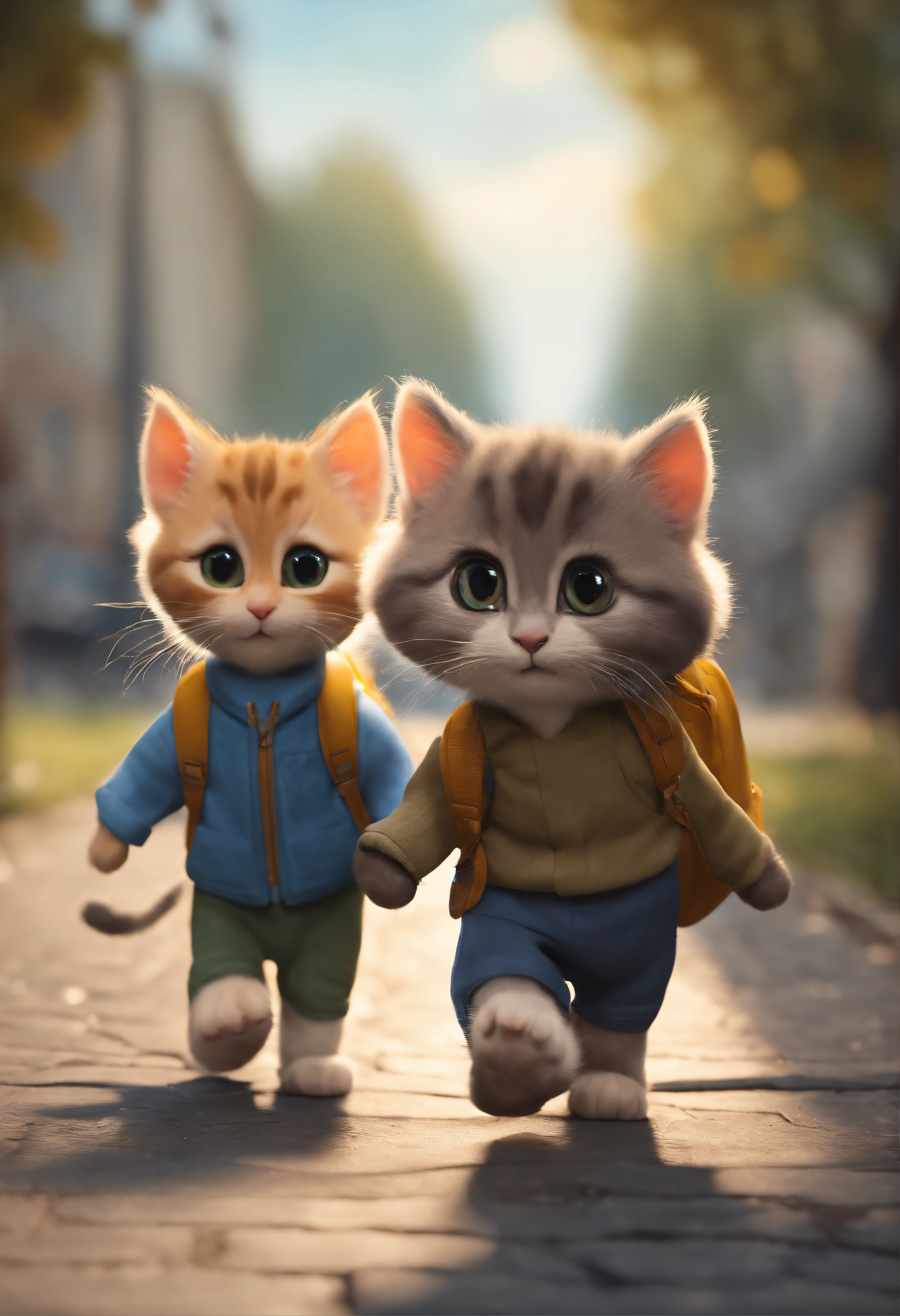 I have two little kittens, a cute little cat, cute kittens, Cutest, Incredibly cute, Adorable and cute, And cute and lovely. They are walking down the street with backpacks, Walking together, commute, Proudly walk down the street, And the cat is walking. They are cute in the style of 🍂 and 🍁, Adorable and cute, Cute and adorable, oh, nice and cute. They are known as real-life Tom and Jerry.