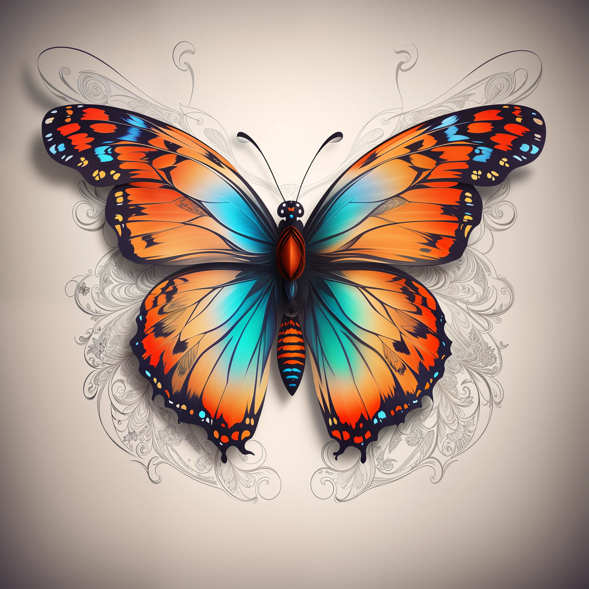butterfly tattoo design with orange and blue wings, harmony of butterfly, beautiful digital art, beautiful gorgeous digital art, butterfly, detailed realistic colors, beautiful digital artwork, gorgeous digital art, highly detailed vector art, beautiful opened wings, very beautiful digital art, butterfly pop art, highly detailed illustration, with beautiful wings, airbrush digital art, hd artwork, butterfly wings