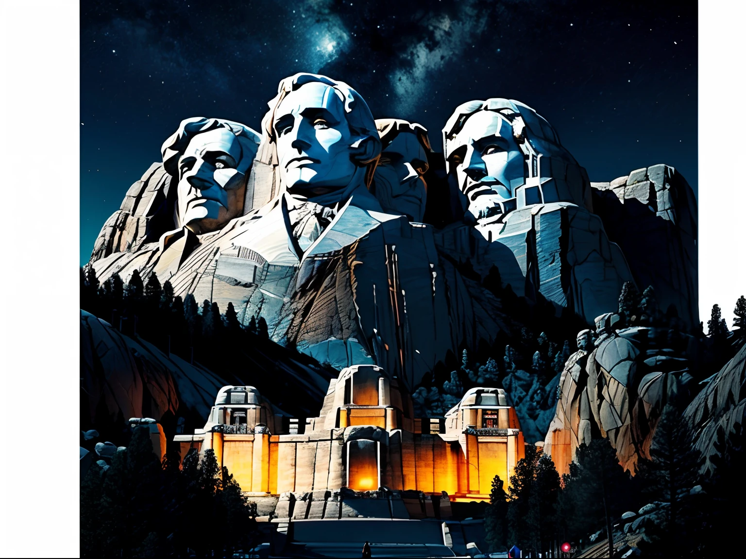 colorful, masterpiece, Mount Rushmore National Memorial, (steampunk style), futuristic, neon, night