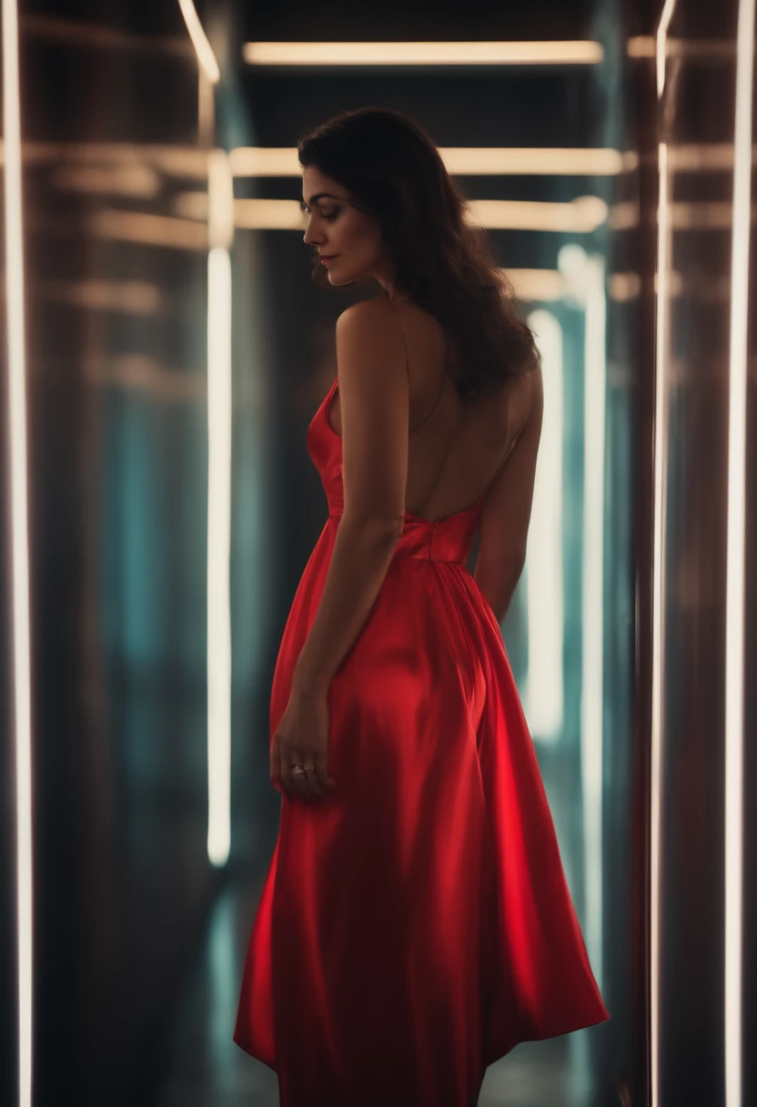 Girl with long neon holographic red dress, hot body, beautiful face, black hair longer, 8K HD hyper realistic, photography 8000, cinematography ultra HD, realistic girl, highly detailed everything, night background