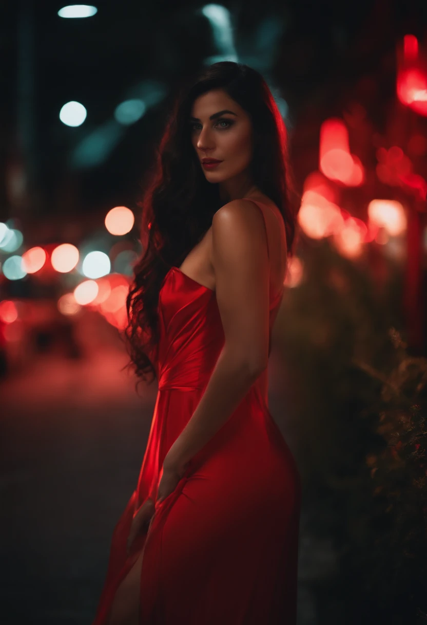 Girl with long neon holographic red dress, hot body, beautiful face, black hair longer, 8K HD hyper realistic, photography 8000, cinematography ultra HD, realistic girl, highly detailed everything, night background