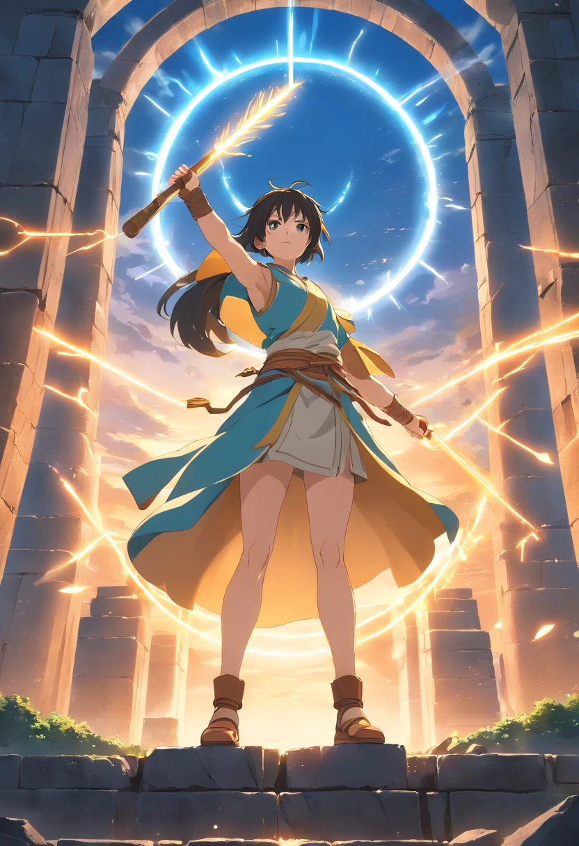 (melhor qualidade,4k,Altas), Cleric, muscular man, alto, forte, detailed holding a large hammer with a sun symbol in one hand, and a shield with a sun symbol on the other hand, estilo de fantasia medieval, (Realistic:1.37), cores vibrantes, armadura intrincada, luz solar dourada, dynamic pose, ancient ruins, mystic atmosphere, epic battle scene, magical aura, ethereal background, detalhes finos, paisagem majestosa, protagonista heroico, action-packed, Energia Radiante, Profecias antigas, Legendary artifacts, dramatic lighting.