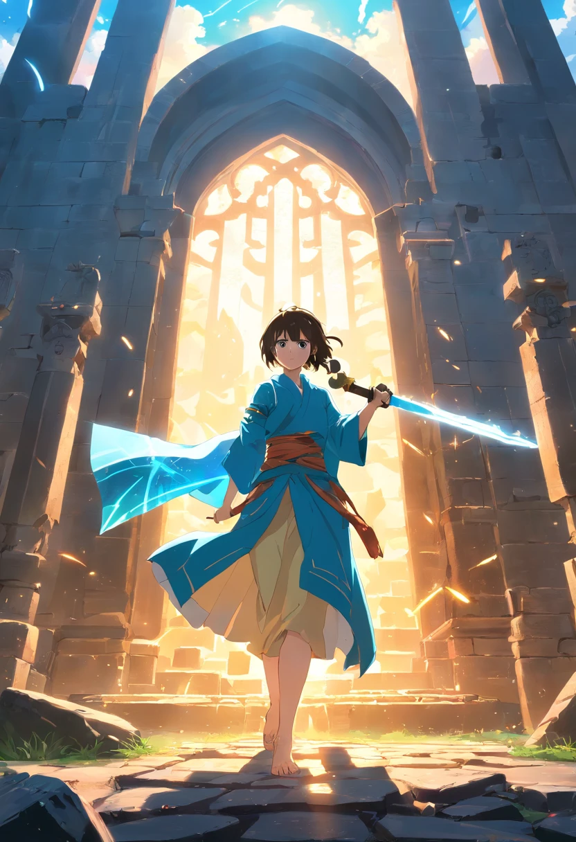 (melhor qualidade,4k,Altas), Cleric, muscular man, alto, forte, detailed holding a large hammer with a sun symbol in one hand, and a shield with a sun symbol on the other hand, estilo de fantasia medieval, (Realistic:1.37), cores vibrantes, armadura intrincada, luz solar dourada, dynamic pose, ancient ruins, mystic atmosphere, epic battle scene, magical aura, ethereal background, detalhes finos, paisagem majestosa, protagonista heroico, action-packed, Energia Radiante, Profecias antigas, Legendary artifacts, dramatic lighting.