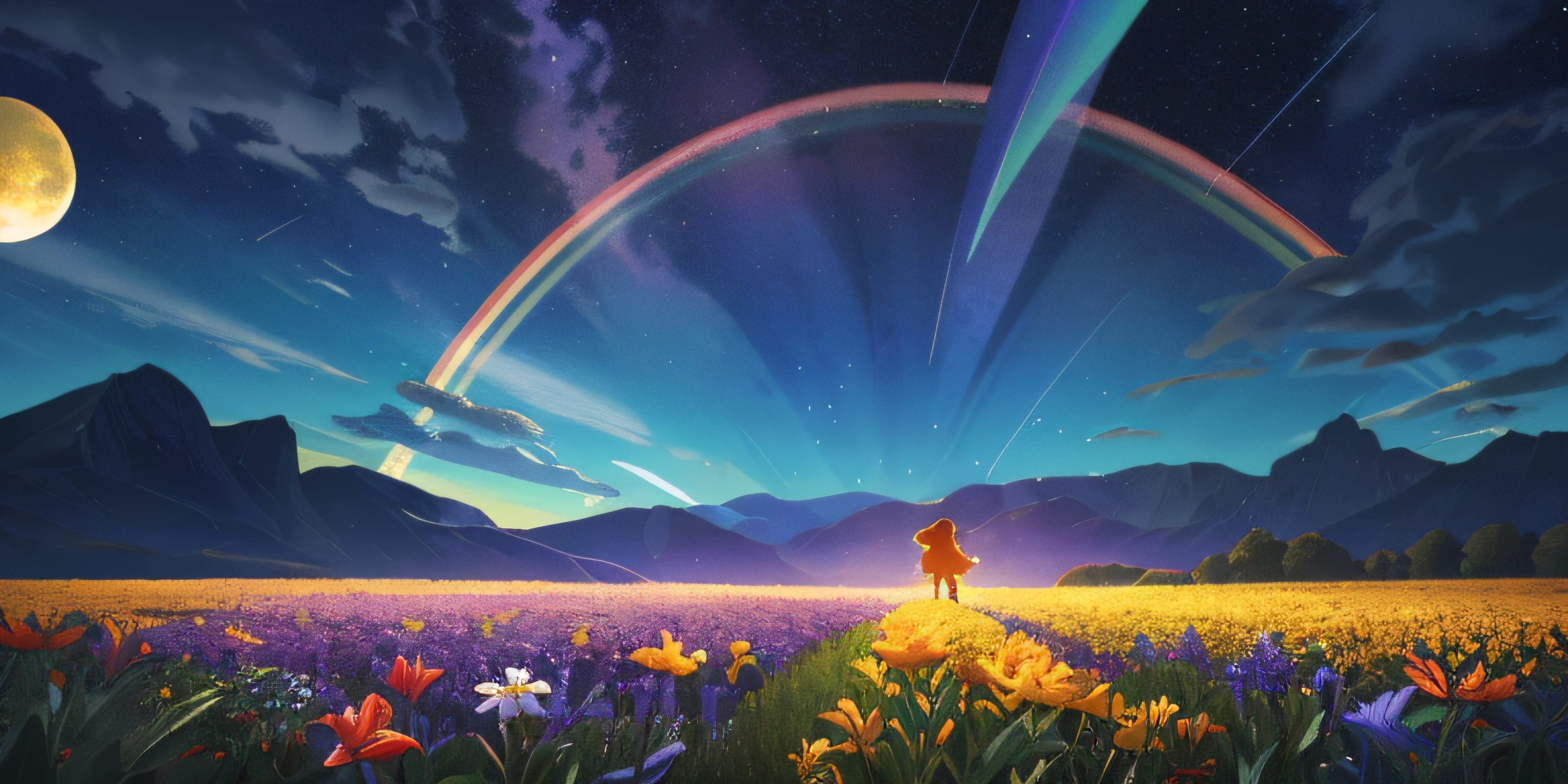 A wide landscape photo, (viewed from below, the sky is above, and the open field is below), a girl standing on a flower field looking up, (full moon: 1.2), (meteor: 0.9), (nebula: 1.3), distant mountains , Trees BREAK Crafting Art, (Warm Light: 1.2), (Firefly: 1.2), Lights, Lots of Purple and Orange, Intricate Details, Volumetric Lighting BREAK (Masterpiece: 1.2), (Best Quality), 4k, Ultra Detailed, (Dynamic Composition: 1.4), Rich in Detail and Color, (Rainbow Color: 1.2), (Glow, Atmospheric Lighting), Dreamy, Magical, (Solo: 1.2)
