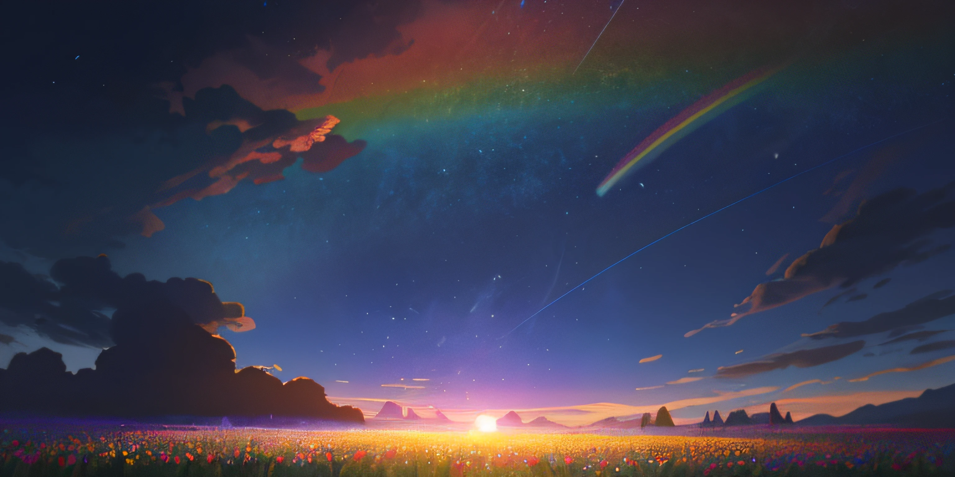 A wide landscape photo, (viewed from below, the sky is above, and the open field is below), a girl standing on a flower field looking up, (full moon: 1.2), (meteor: 0.9), (nebula: 1.3), distant mountains , Trees BREAK Crafting Art, (Warm Light: 1.2), (Firefly: 1.2), Lights, Lots of Purple and Orange, Intricate Details, Volumetric Lighting BREAK (Masterpiece: 1.2), (Best Quality), 4k, Ultra Detailed, (Dynamic Composition: 1.4), Rich in Detail and Color, (Rainbow Color: 1.2), (Glow, Atmospheric Lighting), Dreamy, Magical, (Solo: 1.2)