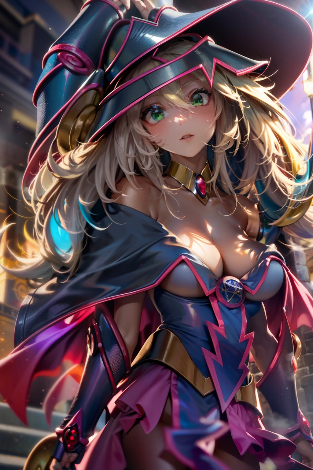 ((Dark magician girl)), 8k, Obra maestra, La mejor calidad, fotorrealista, Ultra detallado, 1 girl, textura realista de la piel, senos grandes, rojo perfecto erigido , Mira hacia el espectador, ((Vemos su abierto)), Camiseta suelta de medio corte,, Underboobs, debajo de los senos, Micro mini falda, , movie lighting, Enfoque facial, Ojos finos, Cara detallada, Cara bien iluminada, Rayos de sol, Ciudad ciberpunk al aire libre de fondo, Low-angle shot, Vista desde abajo