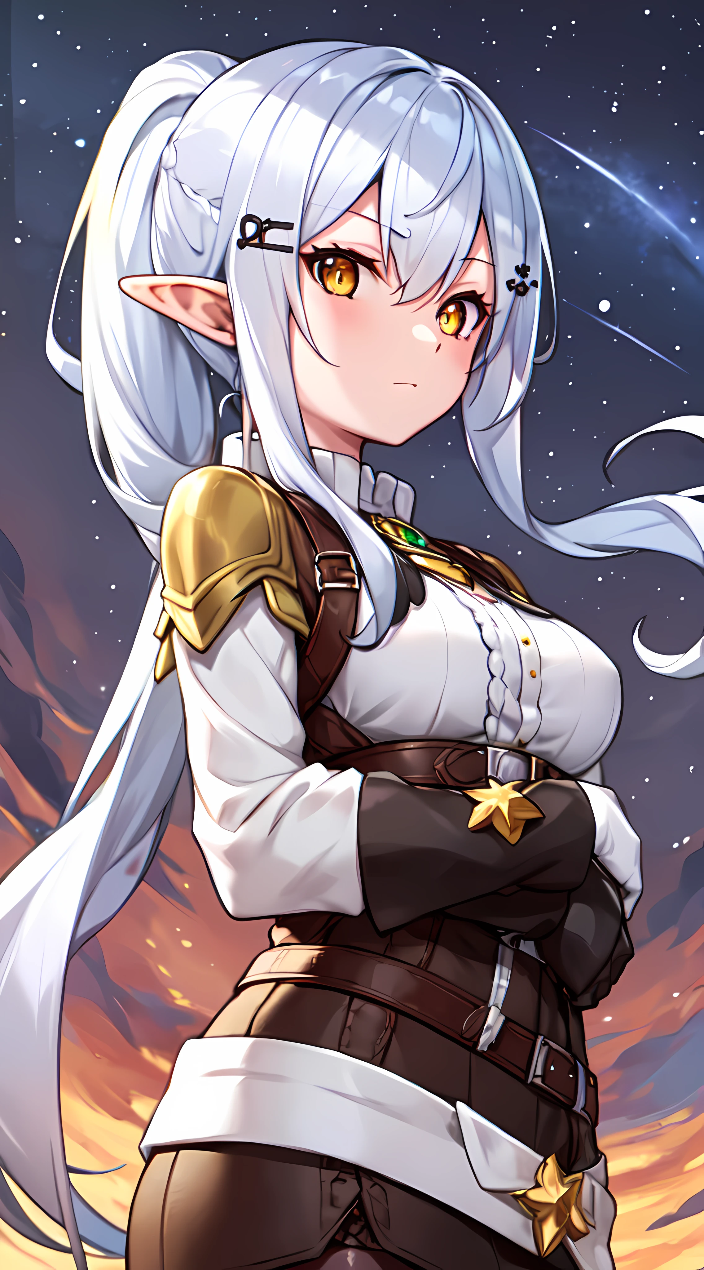 one girl, white color hair, yellow color eye, elf, medium breast, long ponytail hairstyle, adventure theme, looking at the star