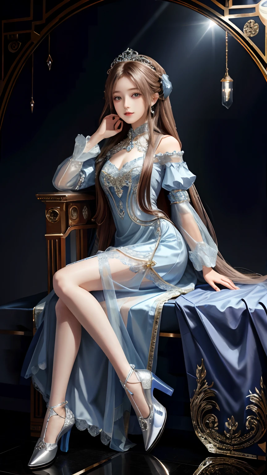 Ultra HD, 8K quality, A girl, Very long hair, Detailed eyes, Beautiful dress, Blue dress, Sit Pose, Full body capture,