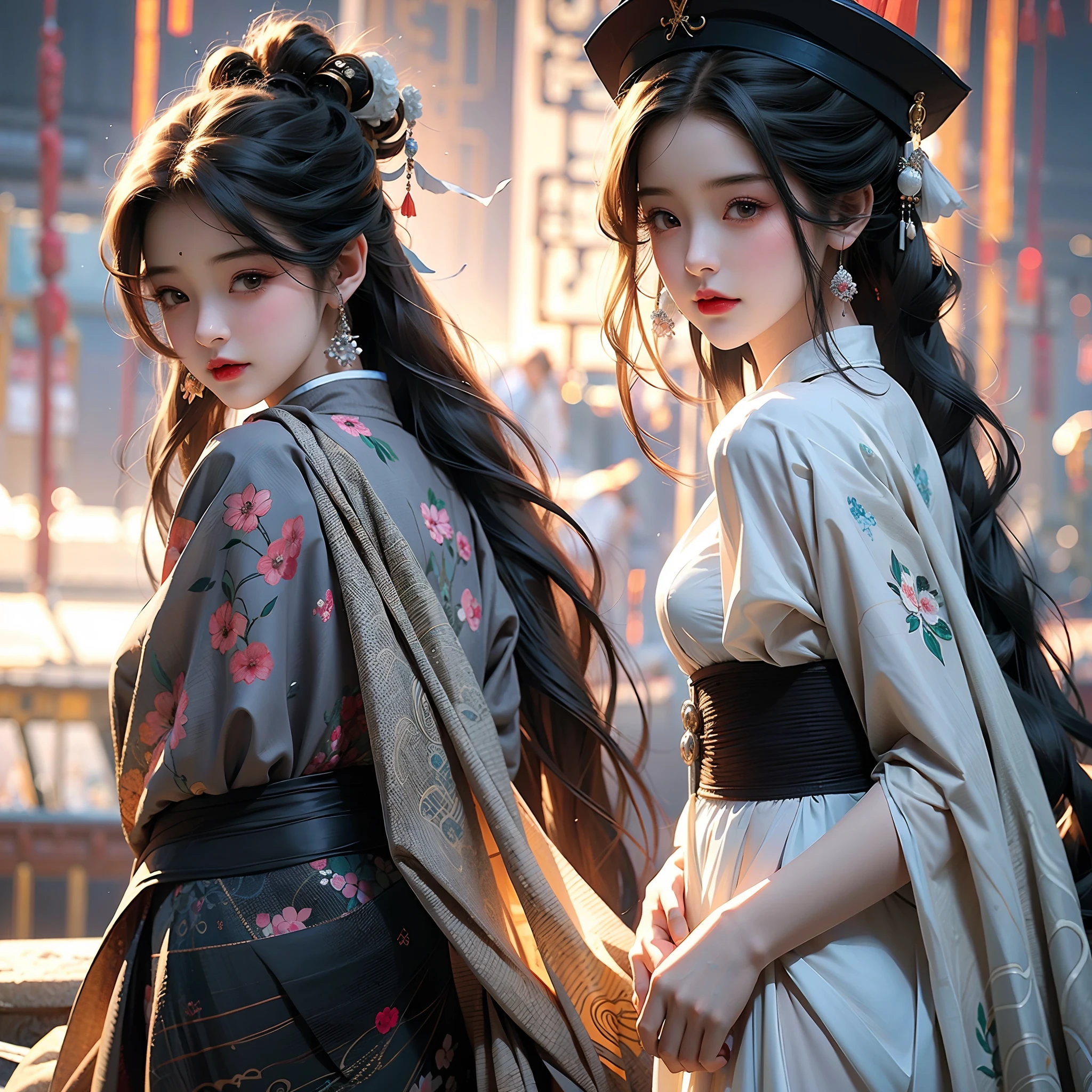 long whitr hair,Anime girl with white shirt and black hat, a beautiful anime portrait, Beautiful character painting, Guviz-style artwork, Guviz, Stunning anime face portrait, beautiful drawing style, Beautiful anime style, Beautiful anime girl, Chinese girl, traditional drawing style, Beautiful anime face, cute delicate face, Portrait of an anime girl,long skirt,The shirt,cleanness