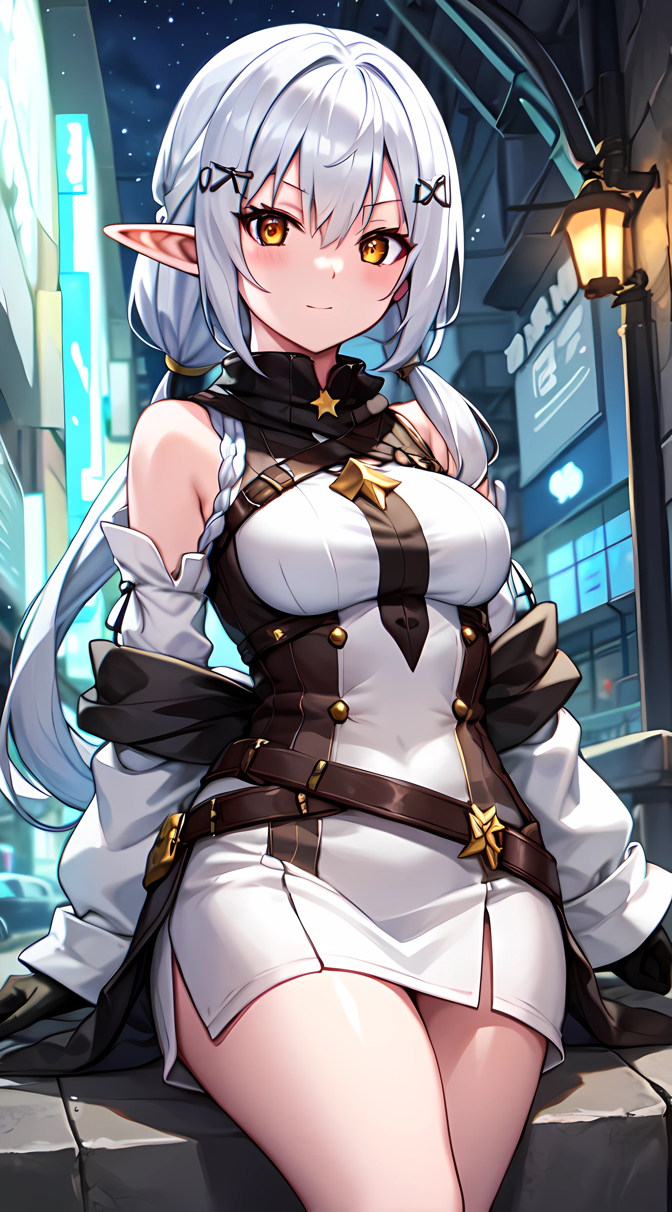 complex anime 3d render ultra detailed, (((masterpiece))), (((best quality))), ((ultra-detailed)),(3D Cartoon rendering),(from side),cinematic light,((solo mechanical girl,alone)),({best quality}),(Ultra Fine),(full detail),delicate youthful face,well_developed curves,hourglass_figure,perspective,beautiful_face,high_quality_outfits,futuristic_outfits,silght_blush,full_body,full detail face,protective outfits,Honkai_Impact,scientist,anatomical,Ray Tracing;

(purple hair:1.5),indigo hair tips,two strand of deev violet hair framing face,violet ahoge, (waist-length flowy hair sorted into two parts on back),(one cross-shaped white mechanial hairpin at left side,pointing upwards);(crystal clear yellow eyes:1.8 x-shaped pupil),yellow goggle eyeglasses,golden hexagon star necklace

Futuristic dress outfit,mechanic gadgets,elegant and modest outfits,black collar,black long slender sleeves,black arm bracers,white bracelets,black gloves,white tanktop with violet lines,ample revealed cleavage,violet lacy bra,,hexagon cutouts on waist,midriff revealed,belly button,electric circult pattern on corset,violet zipper,violet traces,metalic waistband with four gadget holsters,violet waistband,(white scifi armor knee-length miniskirts,knee-length asymmeric segmented hems),(black streamline plain tassets),violet miniskirt,black shorts,(black and violet lacy pantyhose),golden gartener belt around left leg,silver waistband with gadget holsters,knee bracers;silver mechanic boots,heeled boots; White mechanic backpack on back;

Seductive smile,blush,sexy_poss,stretching hands,standing,looking forwards

Night,alone in streets of neon-lit scifi city in background,in burstling streets,silghtly raining,tyndall effect,standing on pavement,dreamy,detailed fingers