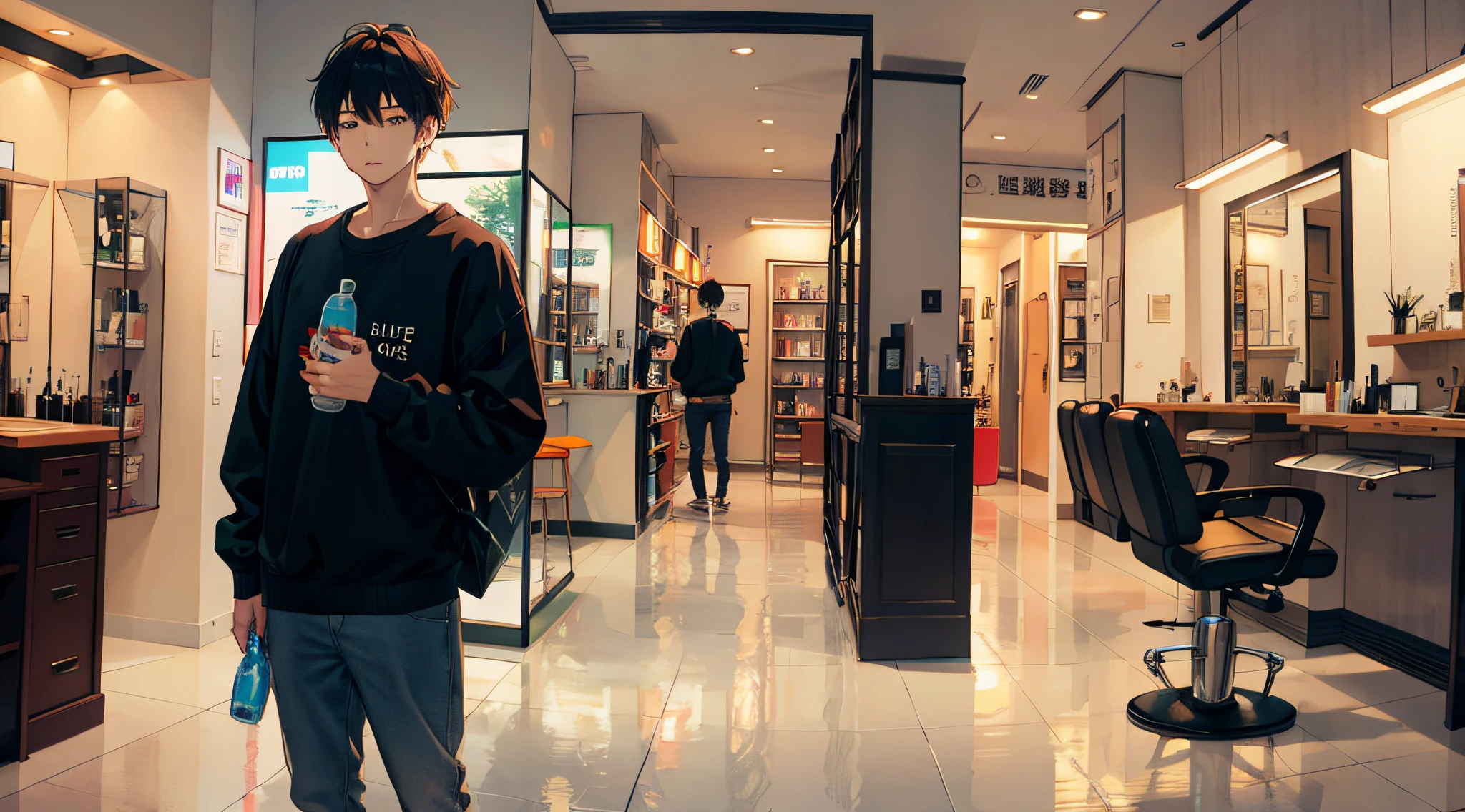 8k、The best images、Young in black casual sweatshirt holding bottle in hand1Man of Man、Standing in a beauty salon、
