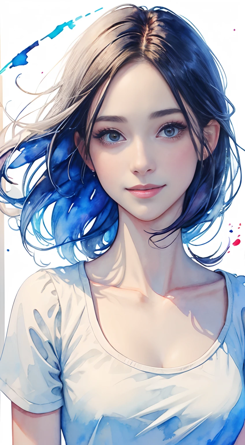 of the highest quality, masutepiece, High resolution, 8K, 30-year-old woman with, A slight smil,plain white tshirt,Maxi dress,length hair, watercolor paiting \(Medium\), watercolor paiting