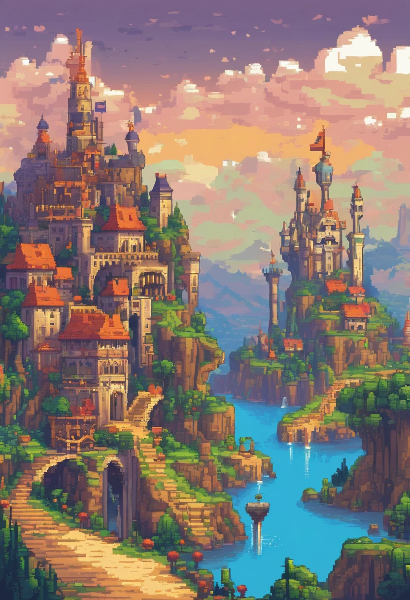fantasy world, wonderful, full of fantasy and FICTION, Coloring, low luminosity, Medium brightness (artwork), landscape presents a civilization mixed with medieval and futuristic, beautiful