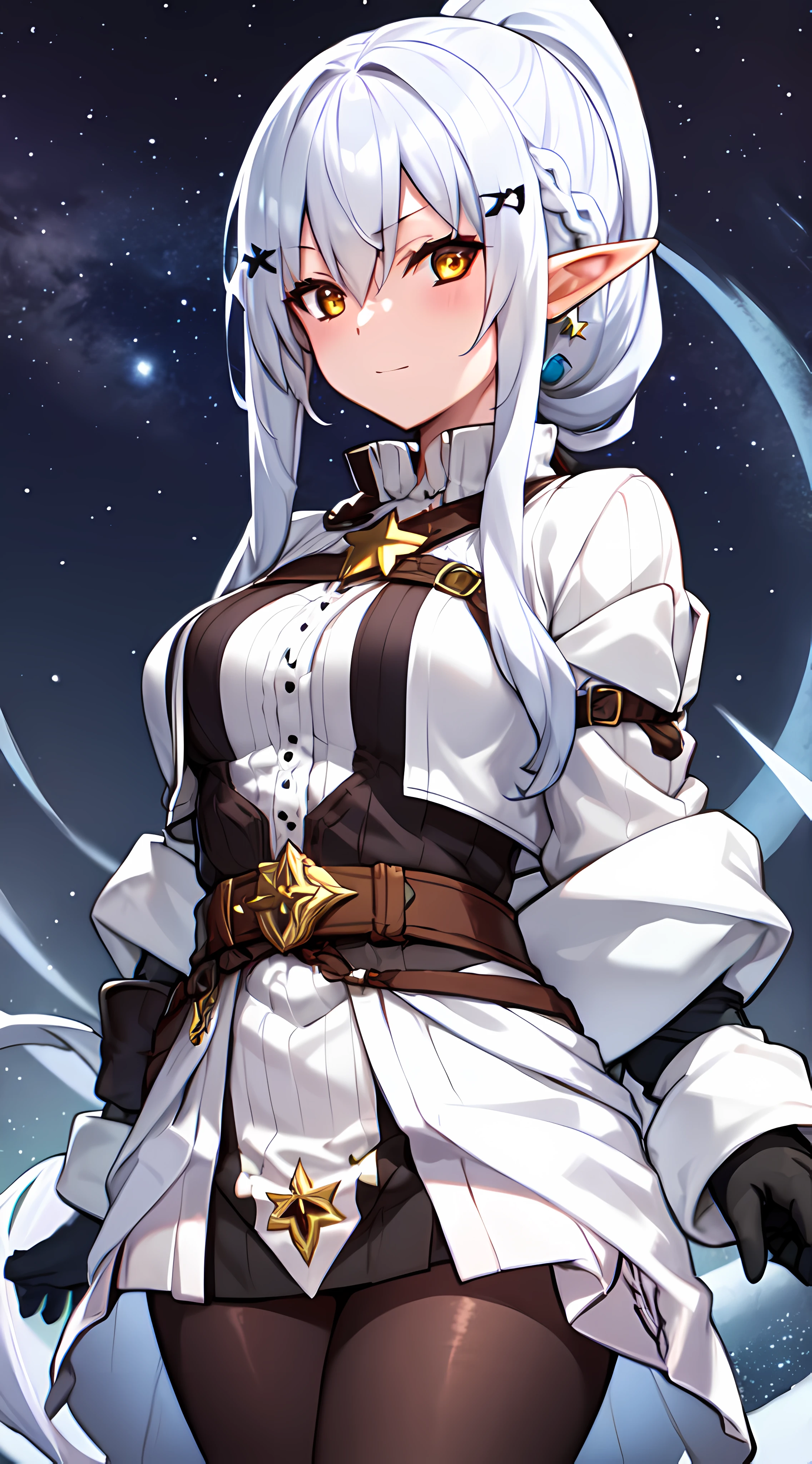 one girl, white color hair, yellow color eye, elf, medium breast, long ponytail hairstyle, adventure theme, looking at the star