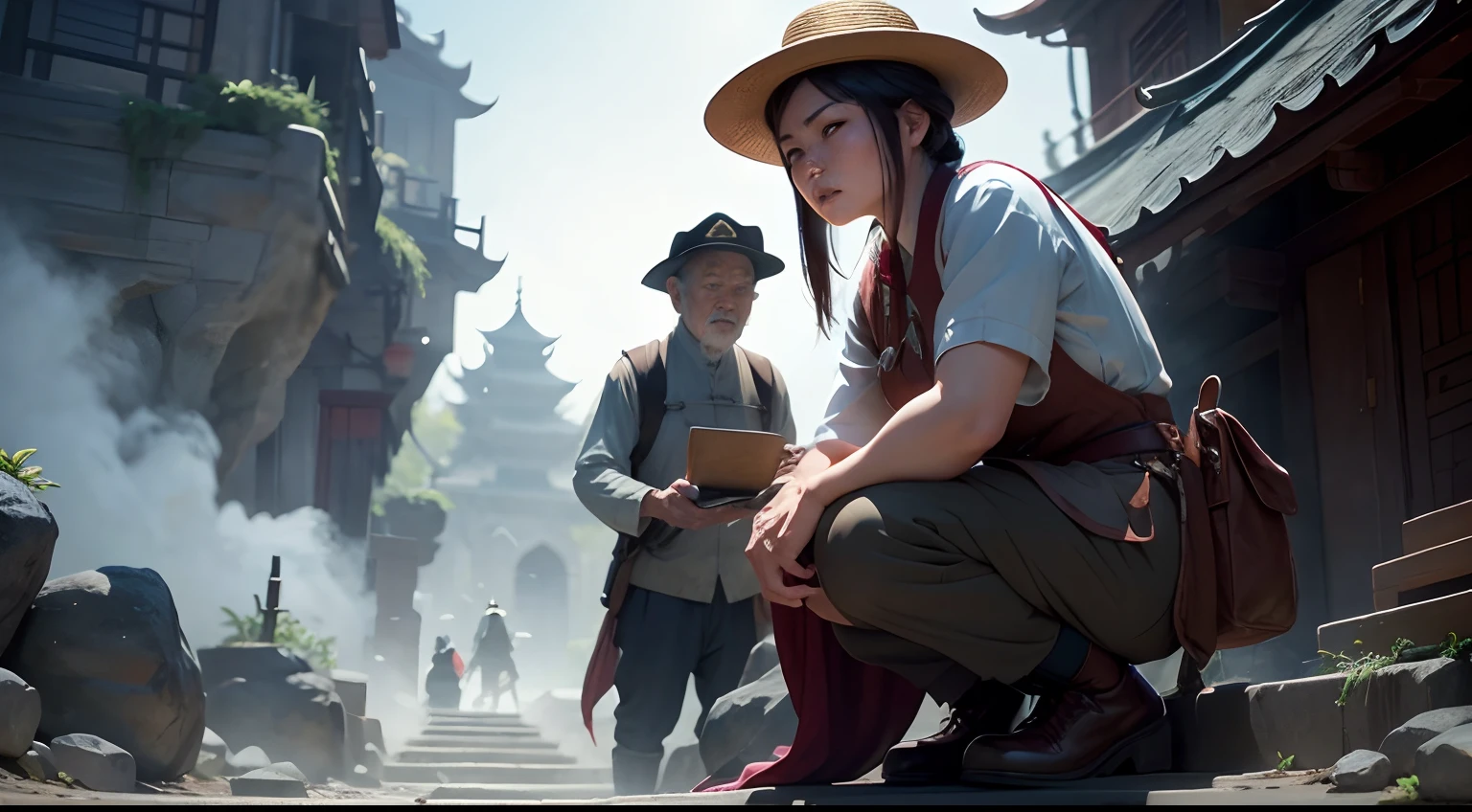 Aria a villager and a old Chinese man Master Yen descending.