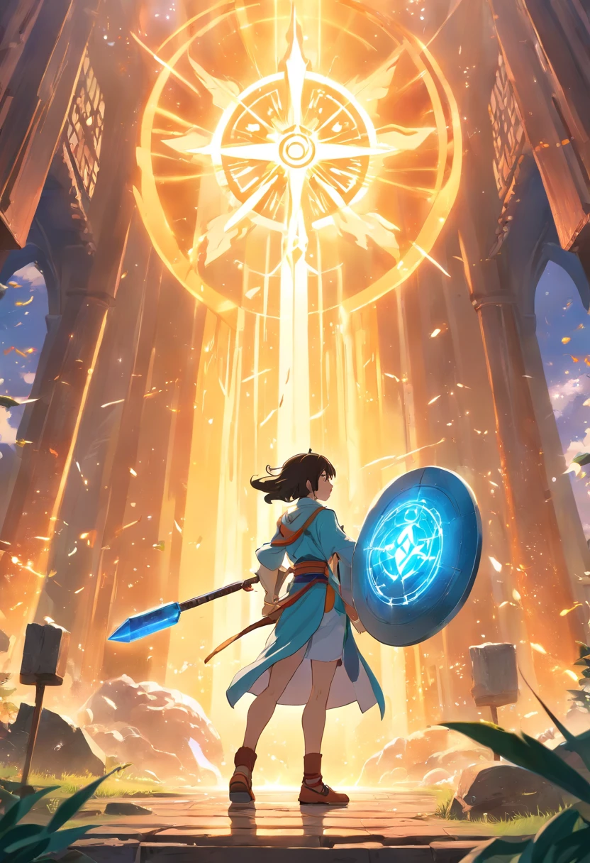 cleric, homem, musculoso, alto, forte, Detailed holding a large hammer with a sun symbol in one hand, and a shield with a sun symbol on the other side, estilo de fantasia medieval, (Realistic:1.37), cores vibrantes, Armadura intrincada, luz solar dourada, dynamic pose, ancient ruins, mystic atmosphere, epic battle scene, magical aura, ethereal background, detalhes finos, paisagem majestosa, Protagonista heroico, action-packed, Energia Radiante, Profecias antigas, Legendary artifacts, dramatic lighting.