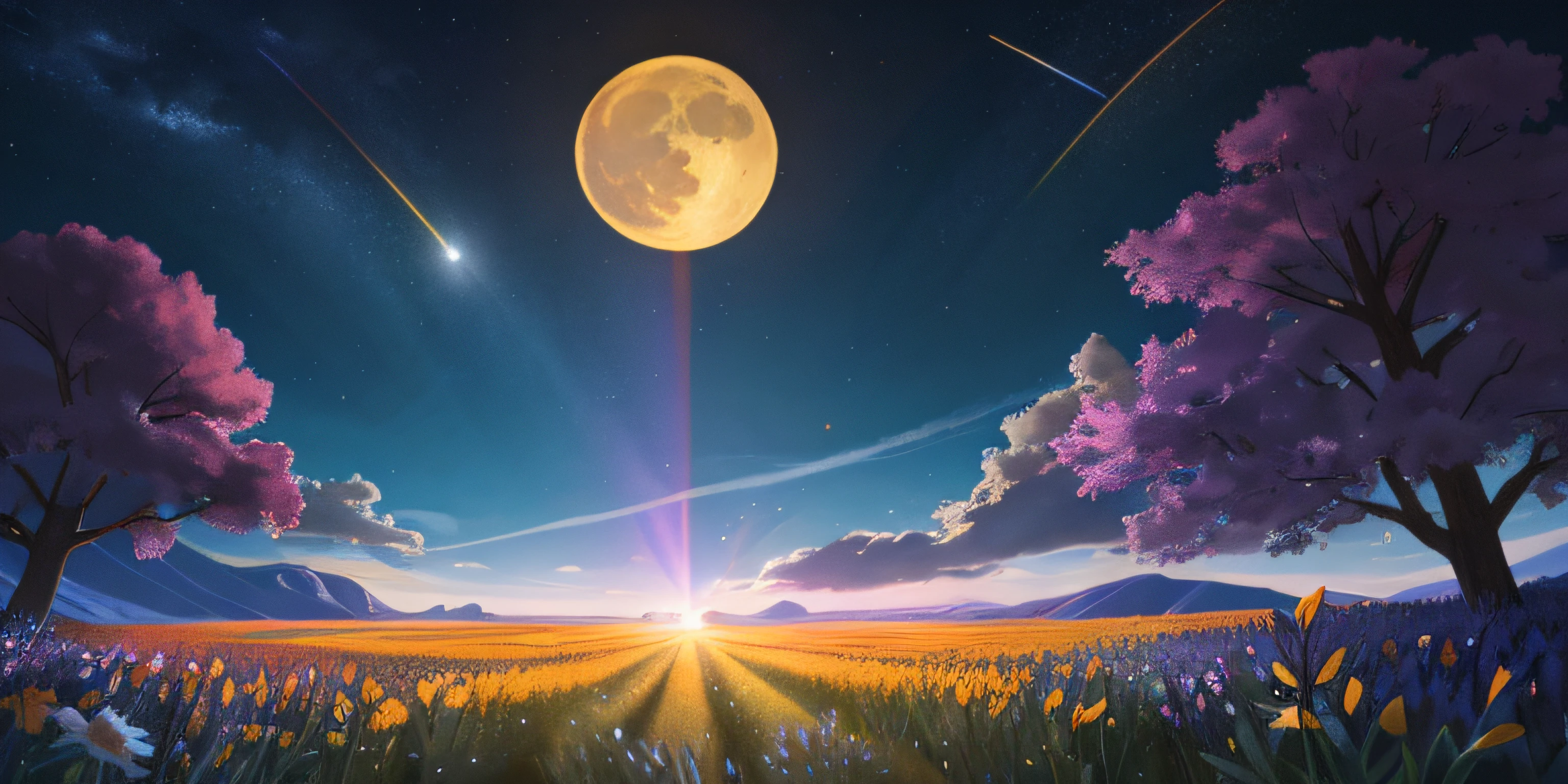 A wide landscape photo, (viewed from below, the sky is above, and the open field is below), a girl standing on a flower field looking up, (full moon: 1.2), (meteor: 0.9), (nebula: 1.3), distant mountains , Trees BREAK Crafting Art, (Warm Light: 1.2), (Firefly: 1.2), Lights, Lots of Purple and Orange, Intricate Details, Volumetric Lighting BREAK (Masterpiece: 1.2), (Best Quality), 4k, Ultra Detailed, (Dynamic Composition: 1.4), Rich in Detail and Color, (Rainbow Color: 1.2), (Glow, Atmospheric Lighting), Dreamy, Magical, (Solo: 1.2)
