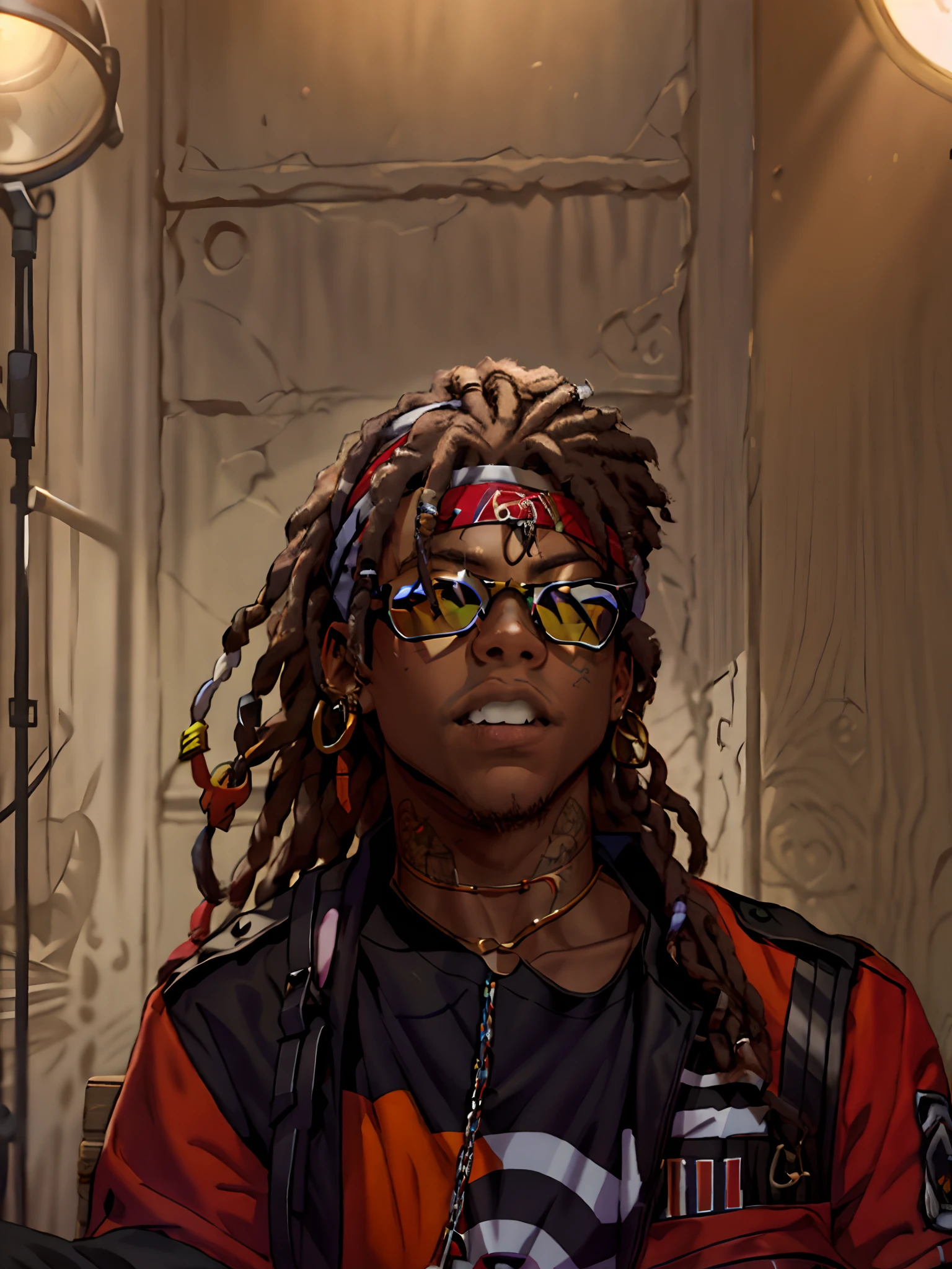 Araffe with dreadlocks and sunglasses sitting in front of a microphone, Neymar Junior, Trippie Redd, Playboi Carti, rapper jewelry, lit sideways, Wiz Khalifa, sicko, Lil Uzi Vert, portrait, in the style of Tyler Mitchell, wearing a bandana and chain