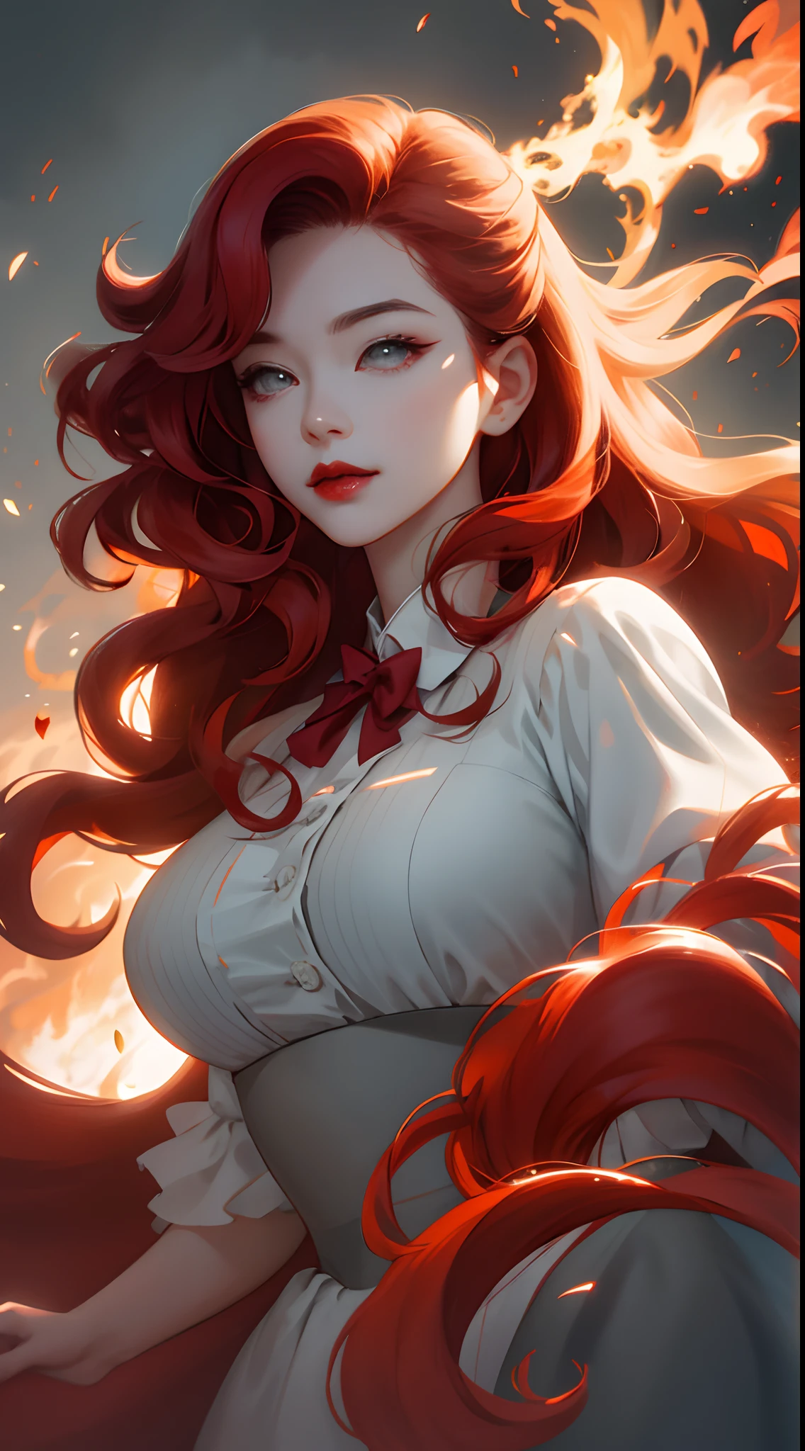 A girl 18 years old. wearing a white ball gown, with a sparkling crown on her head. The girl had eyes as red as blood and hair as black as the night sky. his face smiled sadly in the middle of a lively royal party.