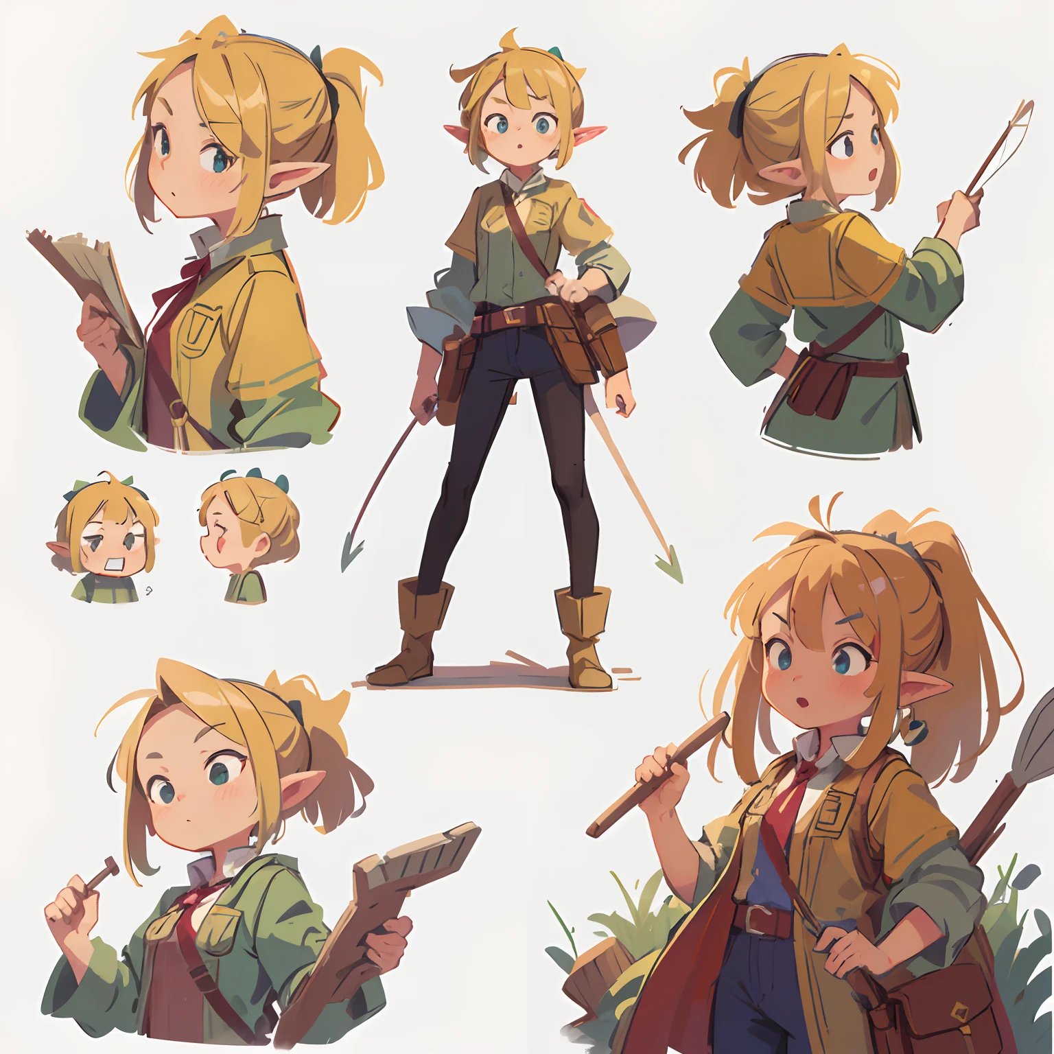 Anime style, Close-up of female archer in leather armor，（（concept art of character）），((CharacterDesignSheet、Same role、frontage、Lateral face、on  back))Character art for medieval fantasy world stories with video game character design，video game characters designs，Girl dressed as simple archer，Girl with cute cartoon bunny hairpins on her head，Yellow glowing decoration on girls' clothes，expert high detail concept art，metal slug concept art，interesting character design，Girl in the fantasy world of Middle World，Armed with quiver and bow and arrow，Tie a ponytail，blonde with blue eyes，ears of elf，Female elf archer