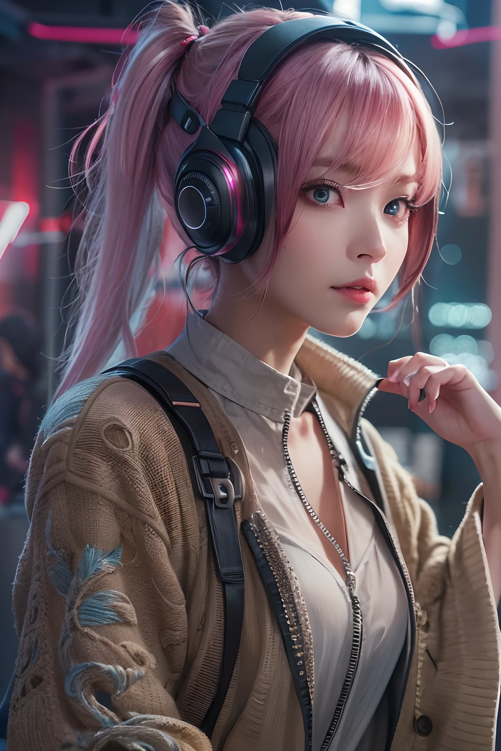masterpiece, 1 beautiful girl, Detailed eye, Swollen eyes, top-quality, 超A high resolution, (reality: 1.4), 电影灯光, japanes, a asian beauty, very extremely beautiful, Beautiful skins, A slender, Forward-facing body, (A hyper-realistic), gazing at viewer、(hight resolution), (8K), (ighly detailed), ( Best Illustration), (beautifully detailed eyes), (ultra-detailliert), 详细的脸, Bright lighting, Professional Lighting、The background is a cyberpunk room with many monitors..、The cord is connected from the costume、Hair color is pink twin tails、headset on head、small tattoo on face、Female Game Commentator、animations