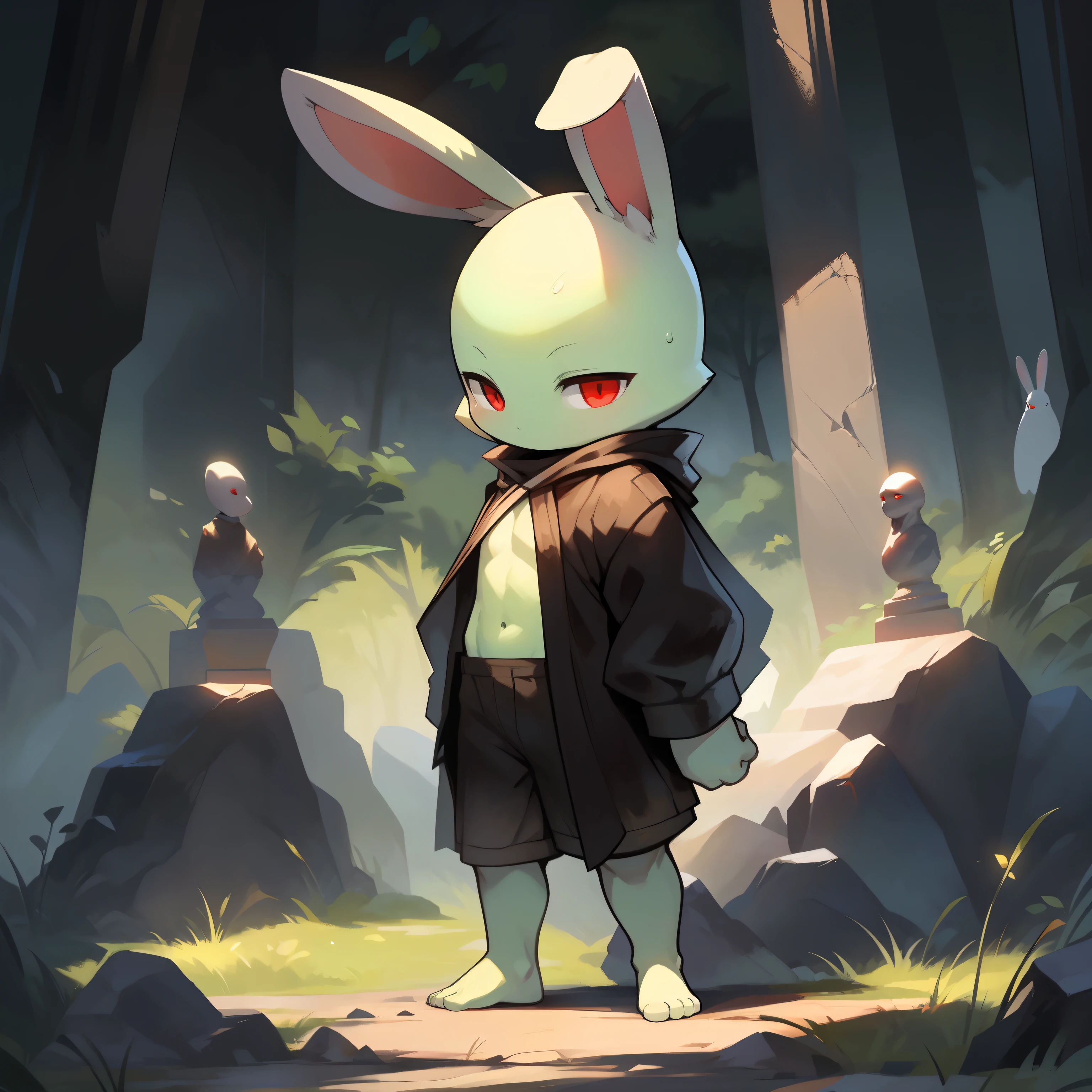 Best quality,Masterpiece,((solo person)),((byself)),a black cloak,Black shorts,Stand barefoot on a stone slab,(Short stature),(bit girl),(Long ears),((The bald head has no ears,rabbit Facial Features,rabbit Body Features,Rabbit feet)),red eyes,(bunny tail),(White belly),(Pale green body hair,Light green legs),(White feet),Long rabbit ears,alleys,