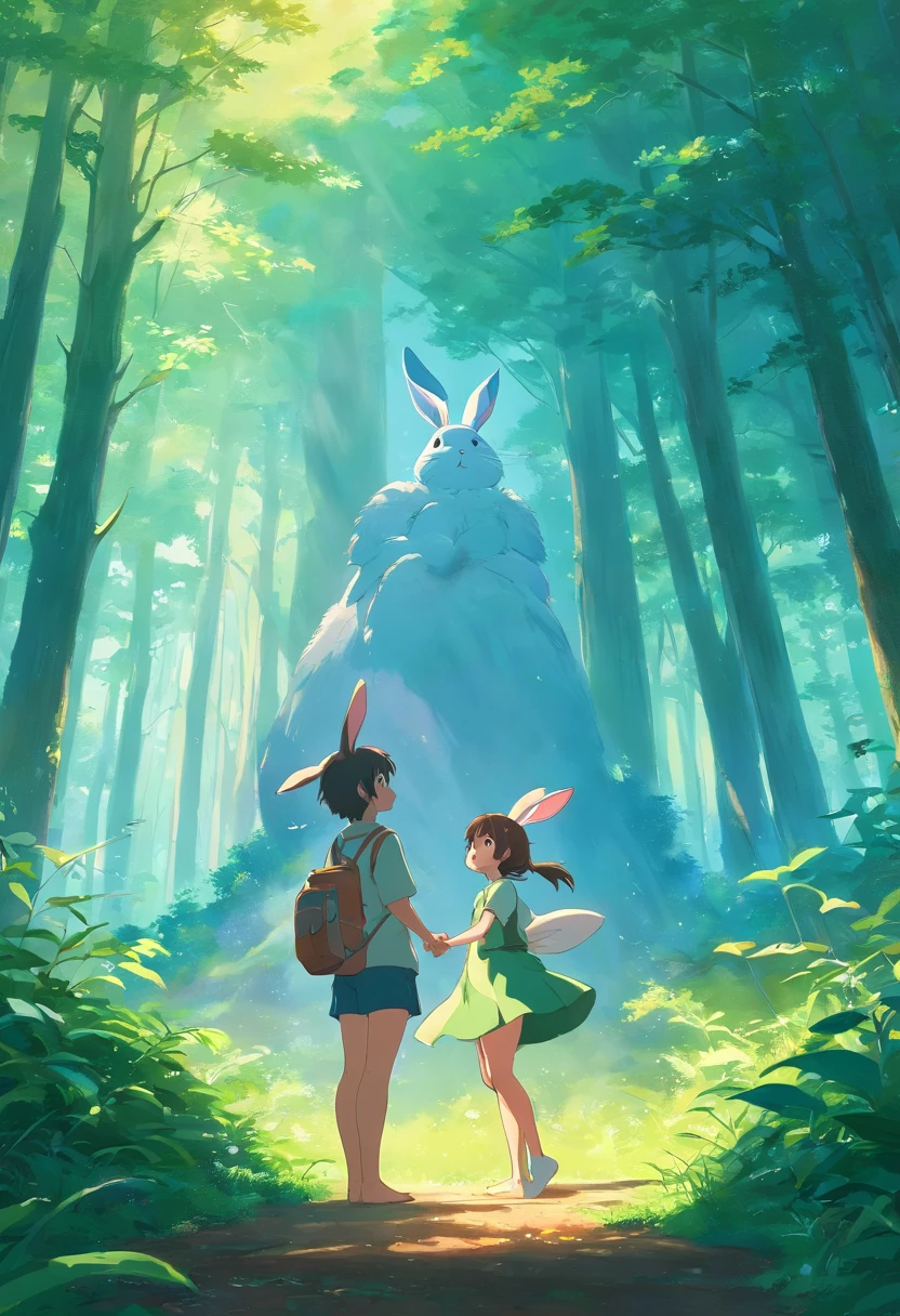 Talking rabbit standing and a fairy in the forest