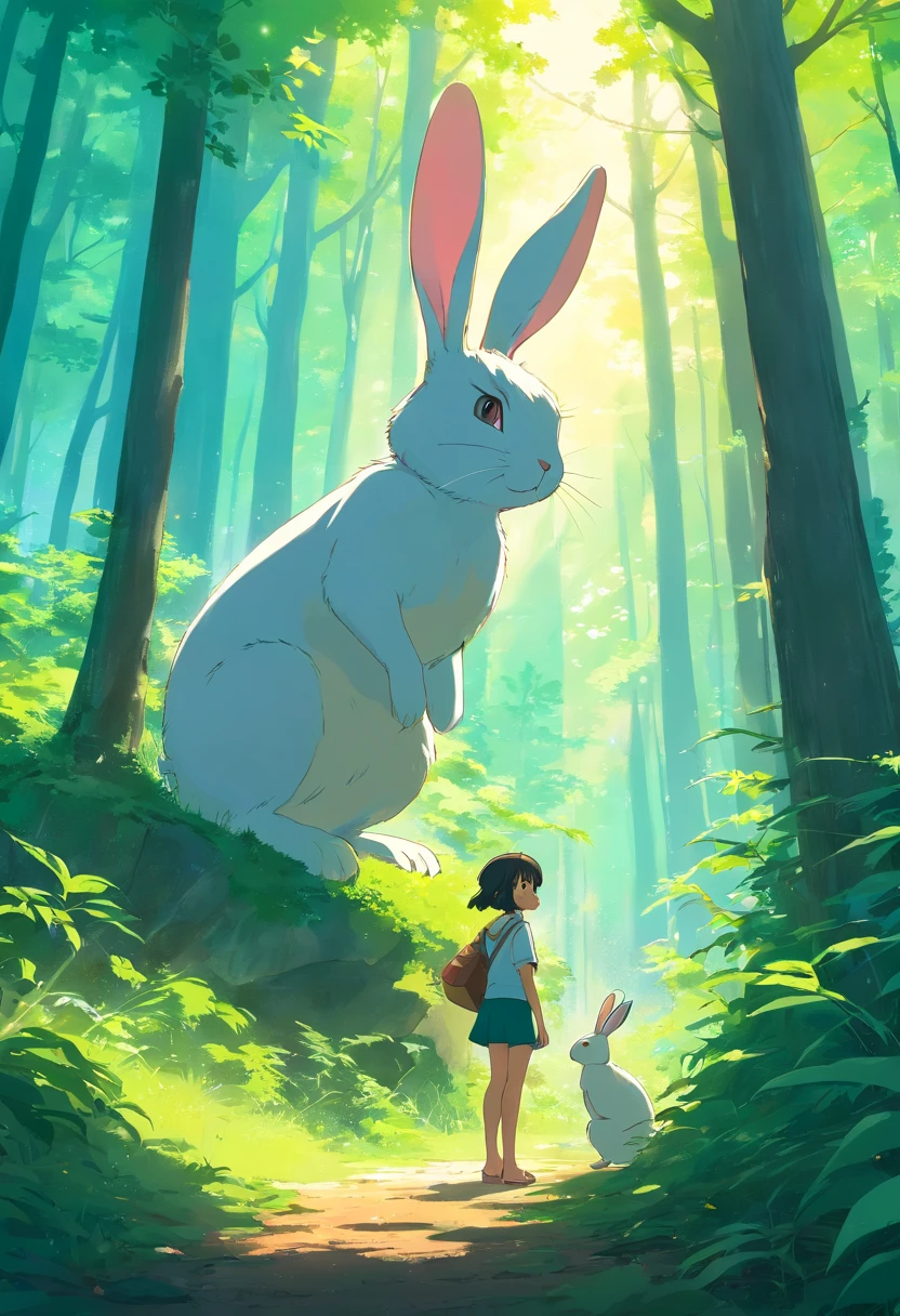 Talking rabbit standing and a fairy in the forest