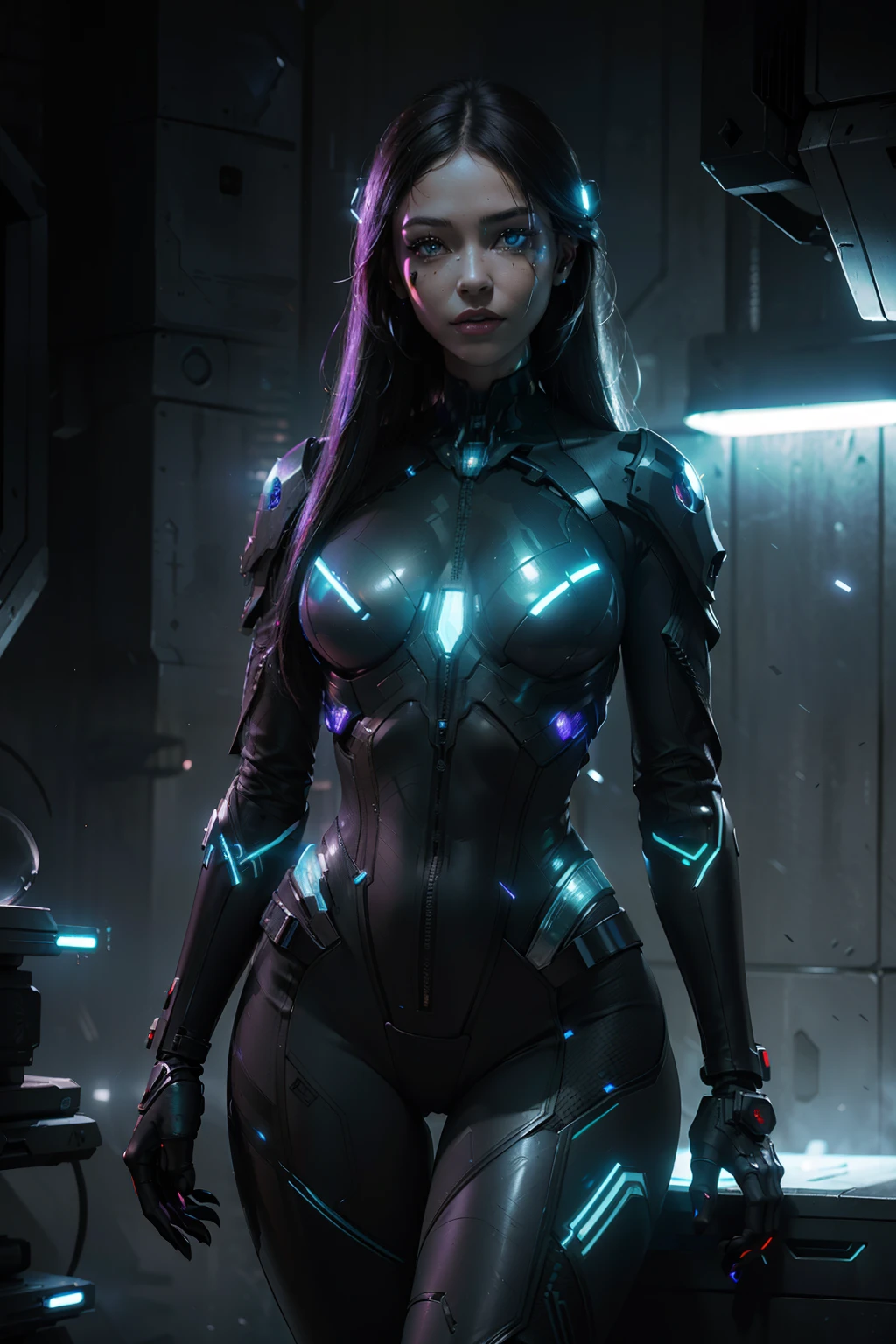 a beautiful cyberpunk girl in black in a black lake