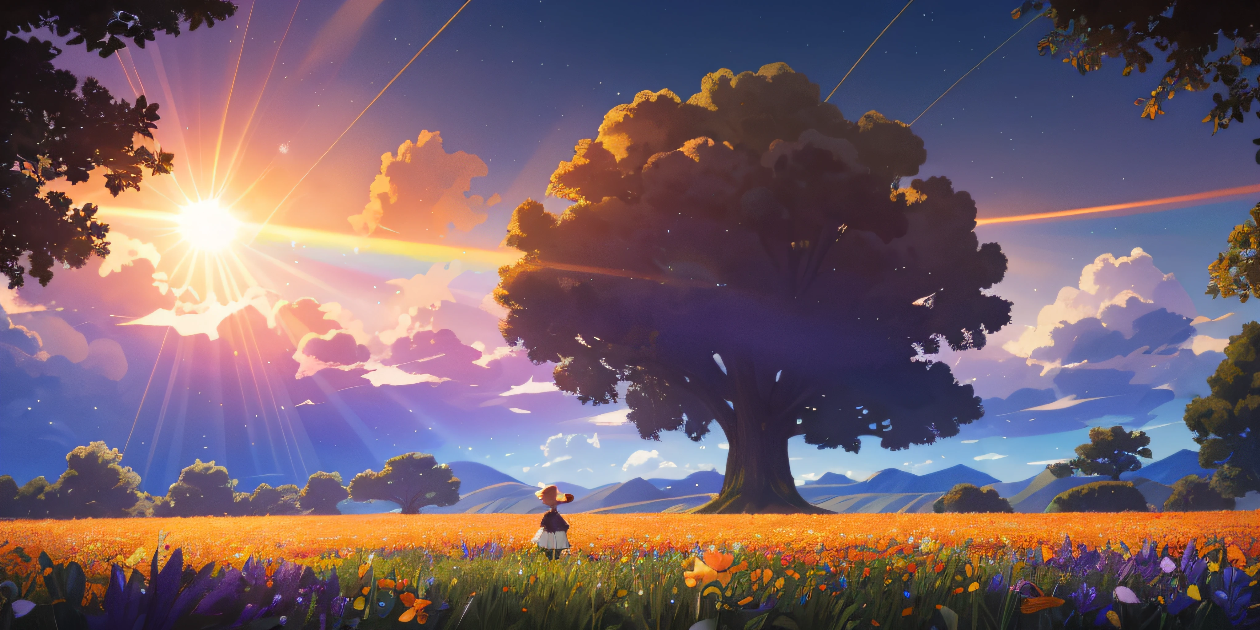 A wide landscape photo, (viewed from below, the sky is above, and the open field is below), a girl standing on a flower field looking up, (full moon: 1.2), (meteor: 0.9), (nebula: 1.3), distant mountains , Trees BREAK Crafting Art, (Warm Light: 1.2), (Firefly: 1.2), Lights, Lots of Purple and Orange, Intricate Details, Volumetric Lighting BREAK (Masterpiece: 1.2), (Best Quality), 4k, Ultra Detailed, (Dynamic Composition: 1.4), Rich in Detail and Color, (Rainbow Color: 1.2), (Glow, Atmospheric Lighting), Dreamy, Magical, (Solo: 1.2)