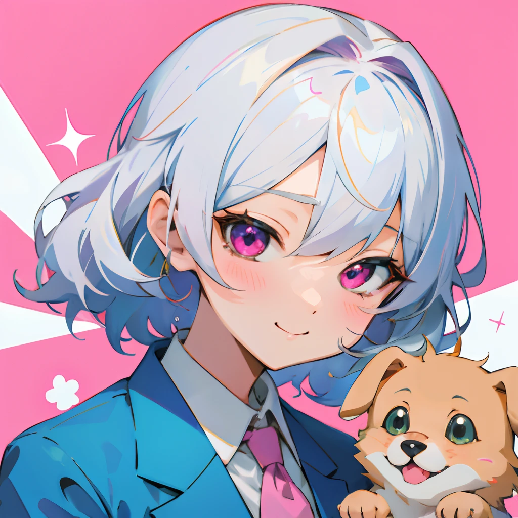 Anime girl with silver hair and pink eye edging, official artwork, , Lori, anime style portrait, anime moe art style, 2 d anime style, Cute art style, Stylized anime, Anime Art Style, Anime style. 8K, anime style 4 k, Anime Art Style, digital anime art!!、White puppy、fluffly、 Golden Retriever、Vigorous、A charming smile、Office Lady Style Clothes、Wearing a suit、