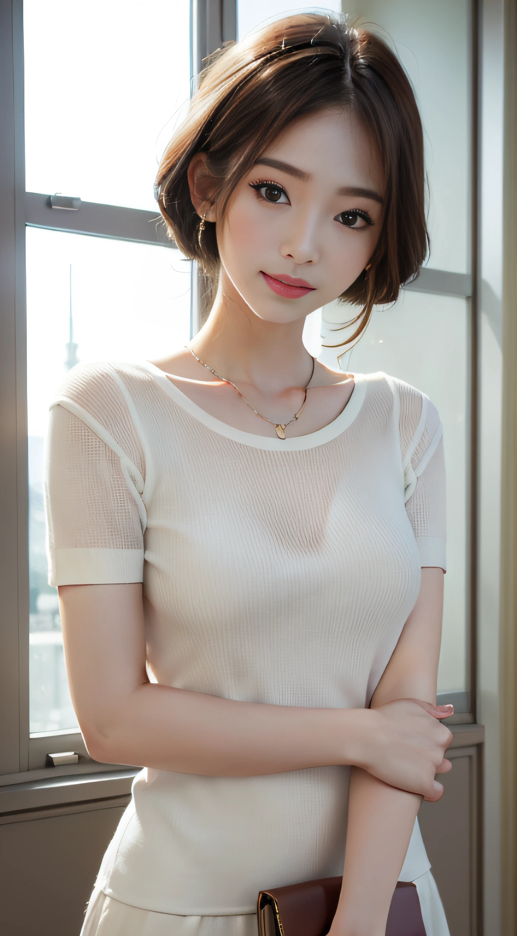 ​masterpiece、Top image quality:1.2、((beautiful young woman with))、Transparent skin:1.2、{A slight smil}、(kawaii)、Short sleeve knit:1.５、luxury hotel、depth of fields、Sharp Focus:1.5、Fine details、The chest is sheer