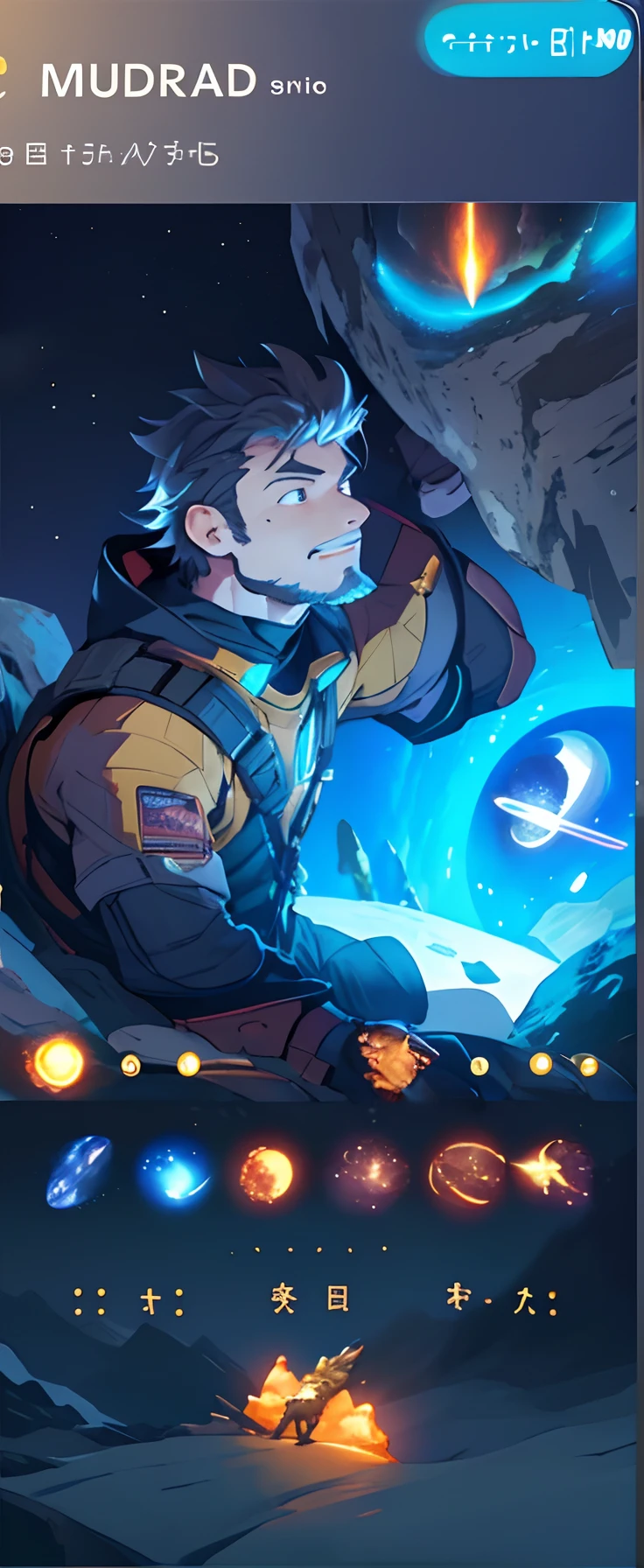 Draw a young programmer, sitting on a research platform floating in the middle of an asteroid belt. He is studying with a notebook, surrounded by several asteroids glowing with fiery auras. Dramatic lighting from distant stars and planets illuminates the scene, casting deep shadows on the suit. The young man looks confident and determined, looking at the vast and mysterious universe with wonder and respect,facial hair, cowboy shot,