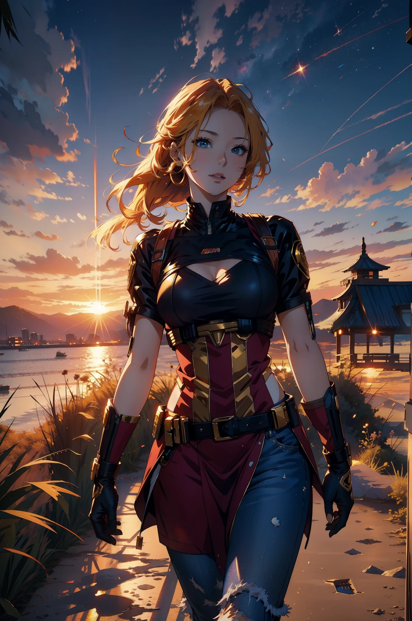 Sunset, galaxy, golden hair, anime style