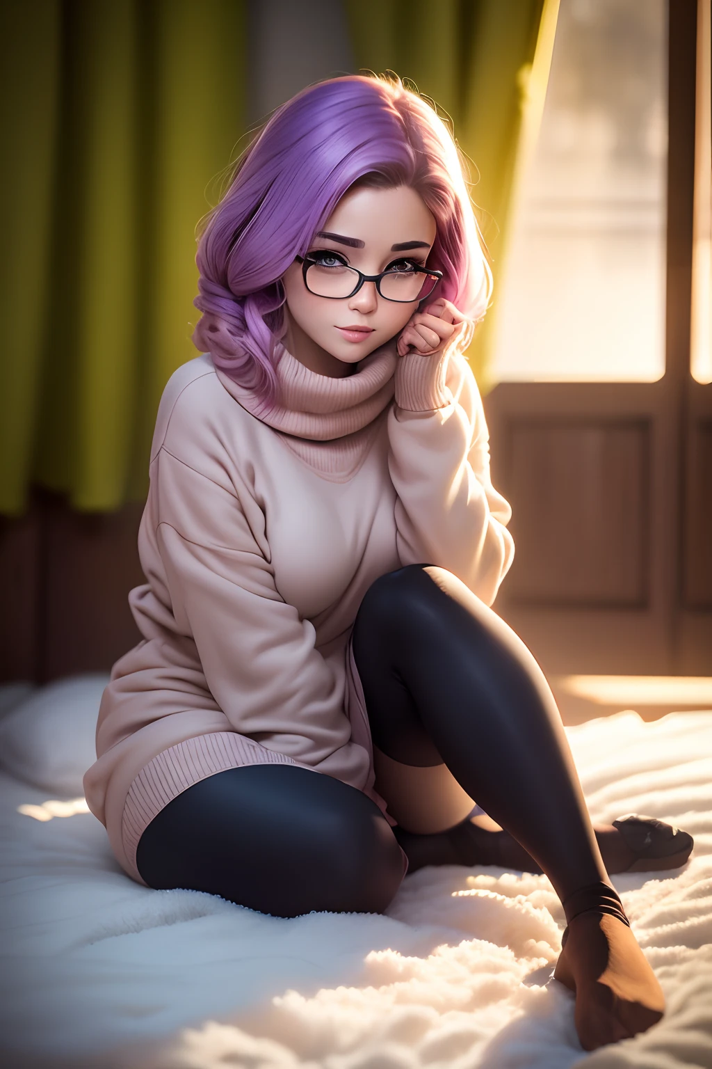 master part, best quality, 1girl, ((Olhando para o Viewer)), lilac hair, Purple eyes, cabelos longos,  Ahoge, sweater, sweater skirt, knee tights, 163 centimeters, cabelo entre os olhos, seios grandes, adulto, 33 anos, maduro, glasses, sozinho, linguado, sorrir, orelhas de gato, rabo de gato, presa, gatinha, orelhas de animais