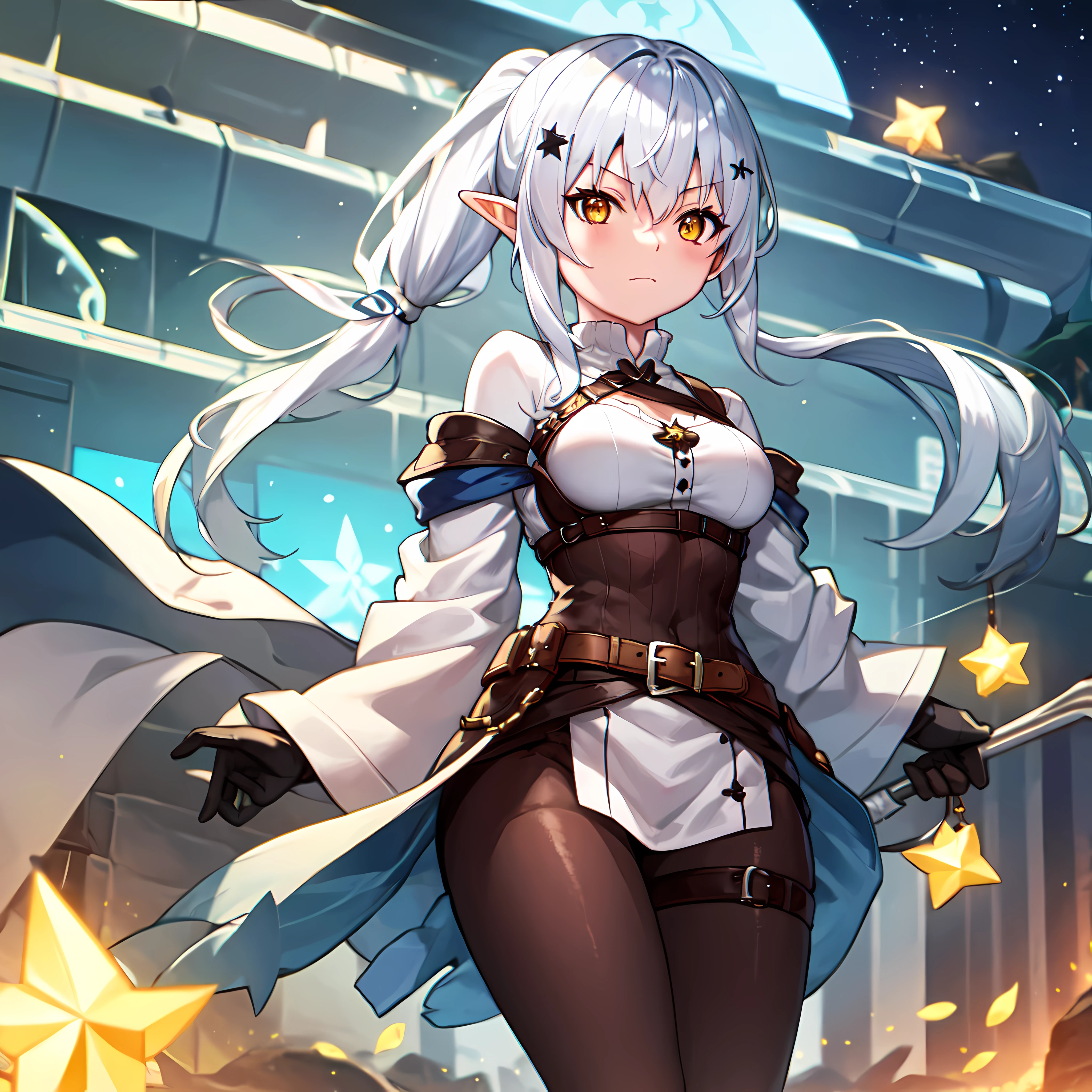 one girl, white hair, yellow color eye, elf, medium breast, long ponytail hairstyle, adventure theme, looking at the star