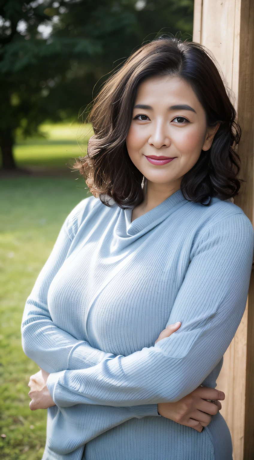 ((Best quality, 8K, Masterpiece, Portrait: 1.3)), (View viewers), Photorealism, Sharp focus, Solo, The Moro Islamic Liberation Front of Japan, Beauty,Wavy hair, Wrinkles at the corners of the eyes, to emphasize, ((Big breasts:1.3))),,30 years old, curlies, Wrinkled eyes, (Sweaters, standing on your feet:1.2),((looking at viewert))