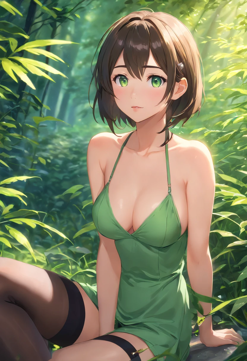 (best quality,4k,8k,highres,masterpiece:1.2),ultra-detailed,(realistic,photorealistic,photo-realistic:1.37),beautiful detailed eyes,beautiful detailed lips,extremely detailed eyes and face,long eyelashes,(1)elf girl,(green eyes:1.1),(black thigh highs:1.1),sex,(2)fantasy,(3)illustration,(4)oil painting,(nature background:0.9),ethereal atmosphere,(5)low lighting,colorful tones boobs visible naked nsfw r18