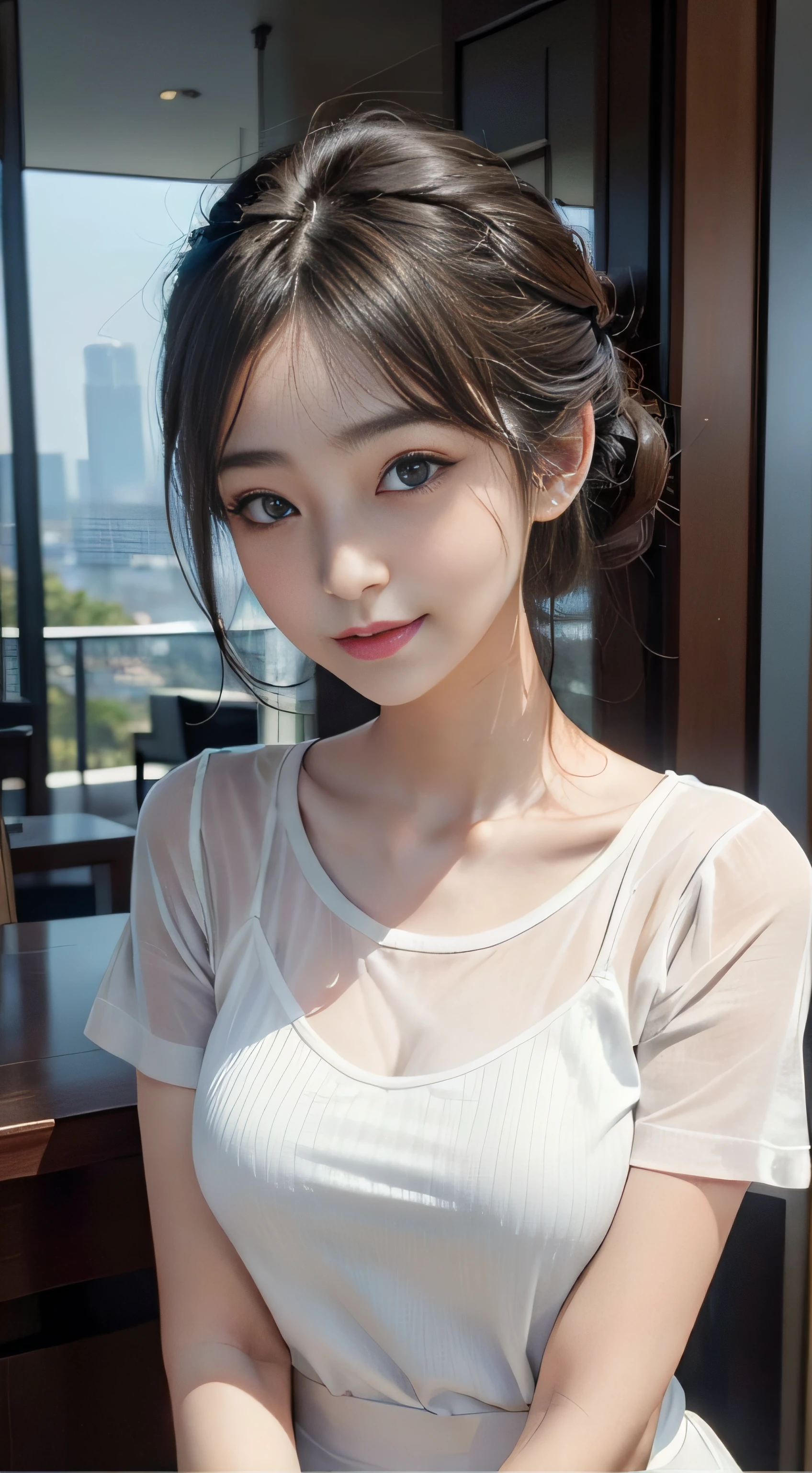 , 1girl in, Extremely cute, Amazing face and eyes, (Beautiful lovely smile), (extremely detailed beautiful face), bright and shiny lips, Super beautiful, (open sheer School blouse:1.3), (Best Quality:1.4), (hyper quality), (Ultra-detailed), (Hyper-realistic, Photorealsitic:1.37), Authentic skin texture, Highly detailed CG integrated 8k wallpapers, RAW Photos, professional photograpy, Cinematic lighting,