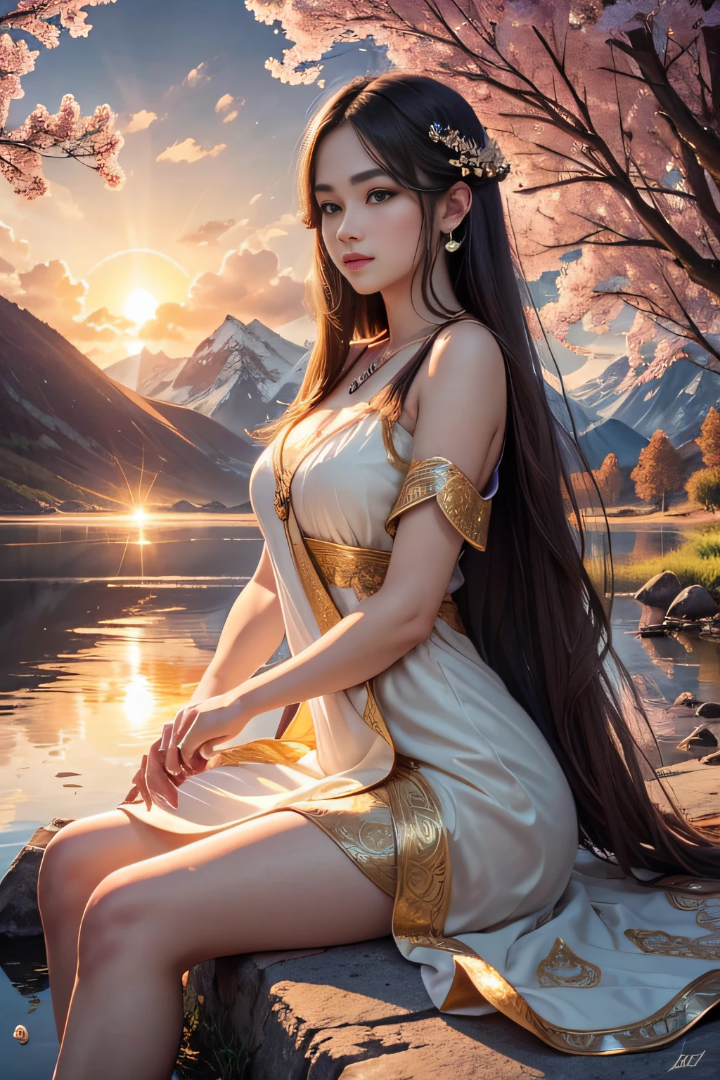 1 girl, serene expression, mesmerizing eyes, straight long hair, flowing dress, poised posture, porcelain skin, subtle blush, crystal pendant
BREAK
golden hour, (rim lighting):1.2, warm tones, sun flare, soft shadows, vibrant colors, painterly effect, dreamy atmosphere
BREAK
scenic lake, distant mountains, willow tree, calm water, reflection, sunlit clouds, peaceful ambiance, idyllic sunset, ultra detailed, official art, unity 8k wallpaper
, zentangle, mandala