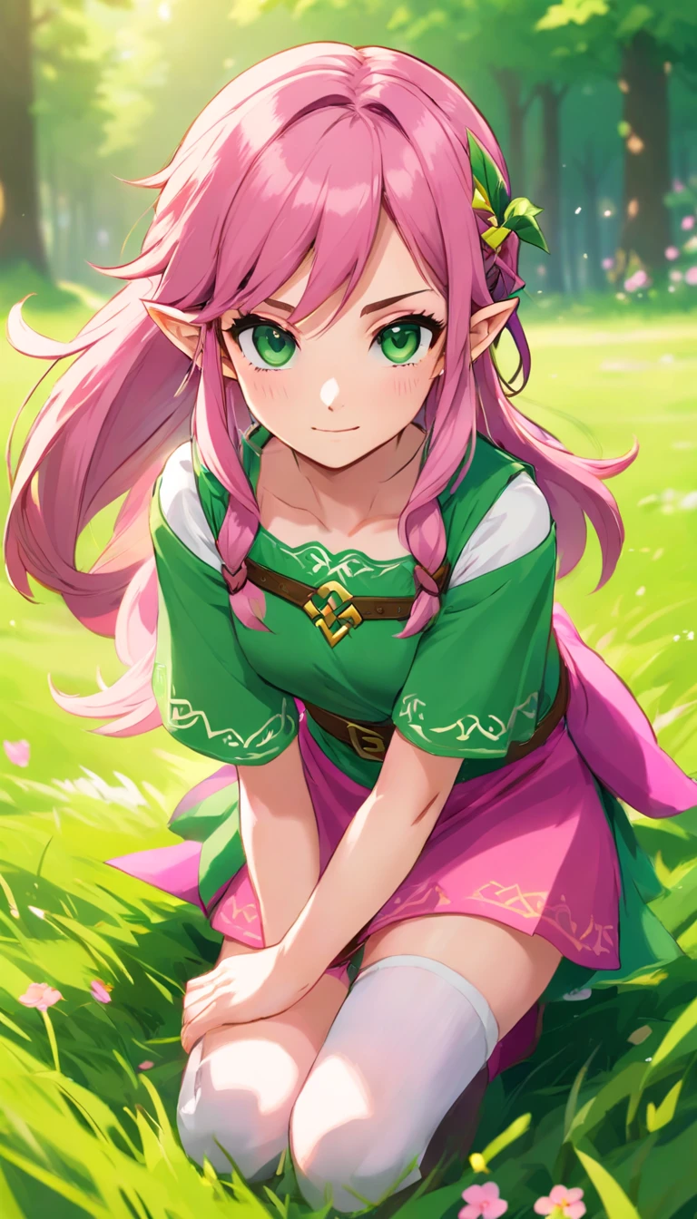 (Best Quality, hight resolution,Masterpiece:1.2), Ultra-detailed, Realistic, Beautiful Detail Face, pink hair with green ends, 1 girl, Mitsuri from the movie "Demon Slayer", Pink Dress, Green Knee Socks, big eyes, extreme pose, on all fours, on the grass, In the background you can see a spacious meadow
Preparing