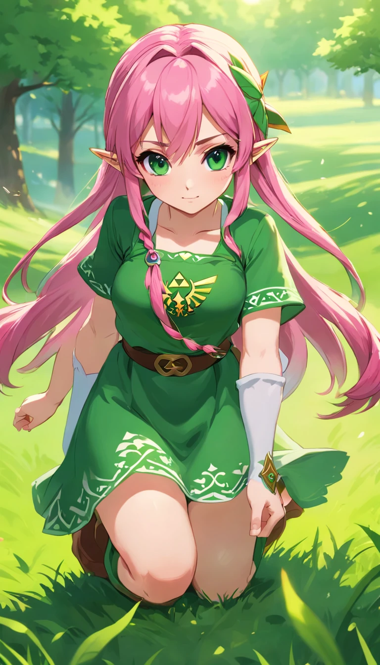 (Best Quality, hight resolution,Masterpiece:1.2), Ultra-detailed, Realistic, Beautiful Detail Face, pink hair with green ends, 1 girl, Mitsuri from the movie "Demon Slayer", Pink Dress, Green Knee Socks, big eyes, extreme pose, on all fours, on the grass, In the background you can see a spacious meadow
Preparing