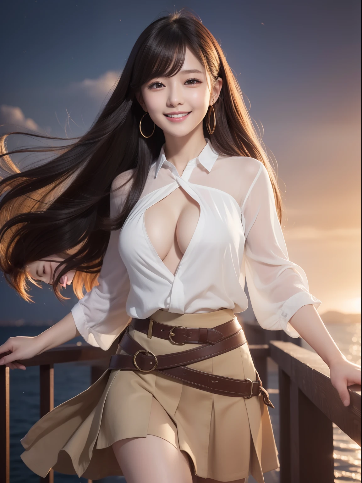 Art Station, Volumetric lighting, Highly detailed face, 4K, 1girl in、(official clothing: 1.4), Long hair、、ssmile、japanes、1 persons、Beautiful breasts、Looking at the camera、big eye、Laughing、ssmile、Raise cheeks、Clothes with open chest、skirt by the、Skirt twisted、blows wind