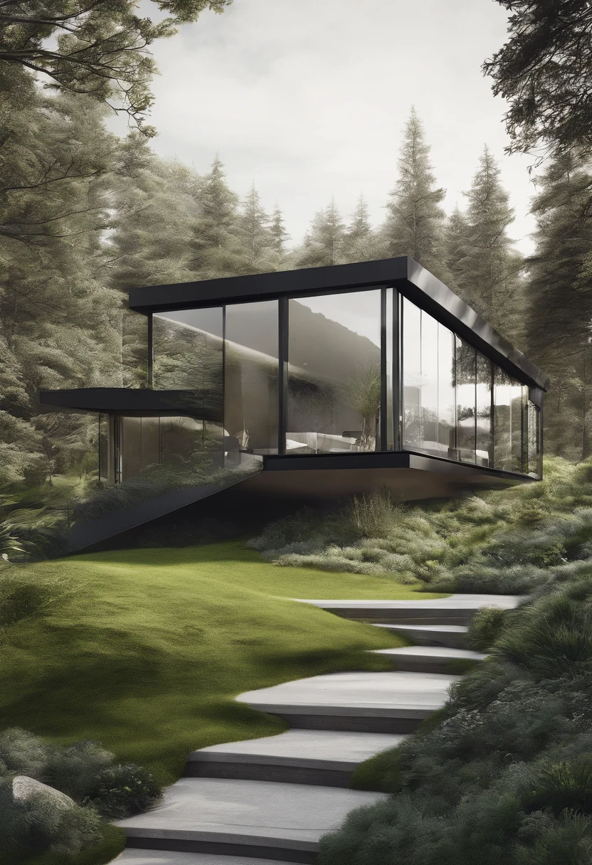 A rendering of a modern house in the woods with stairs leading up to it ...