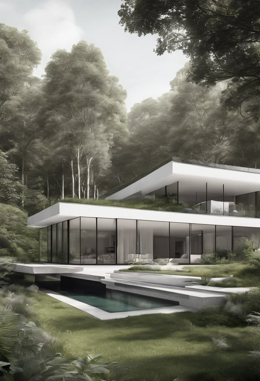 Black and white line drawing image,Drawings of a house with a green roof and a grass roof, green architecture, concept house, Vegetation roof, sustainable architecture, glasshouse, passive house, roof with vegetation, architectural concepts, architectural concepts, Architectural illustration, architecture concept, Botanical architecture, building rendering, roofed forest, sharp foccus ilustration hq, Nature meets architecture, Beautiful rendering。