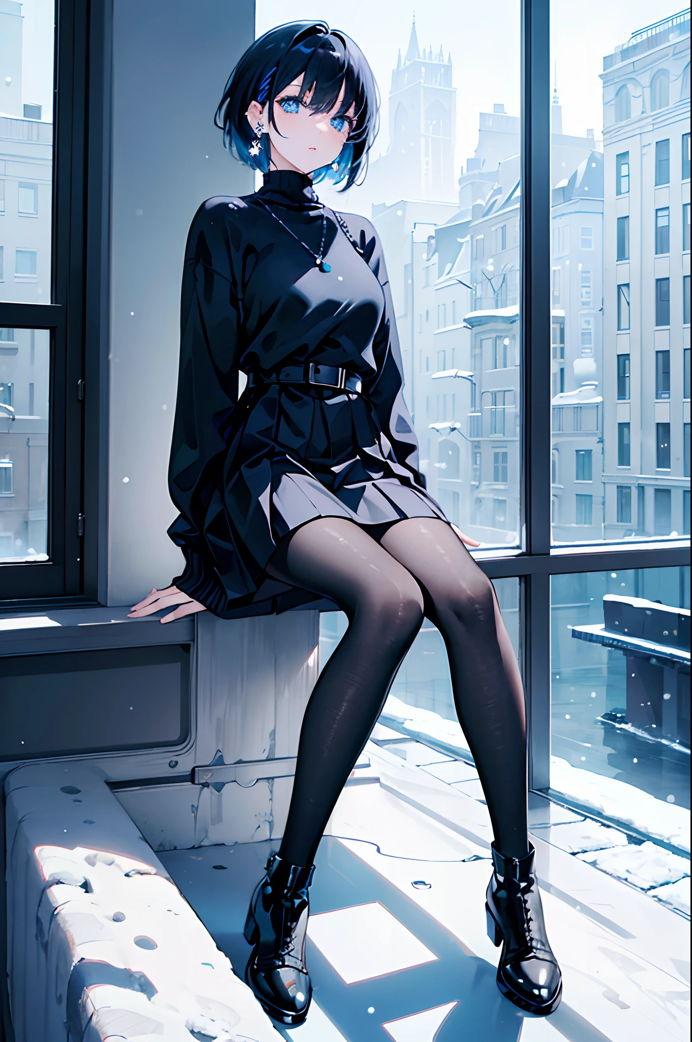 ((8K, high resolution, Masterpiece)) 1 woman ((solo)), short hair, black hair, blue inner hair, blue eyes, ear piercings, white knit, black skirt, black tights, Black boots, sitting by the window, snow background