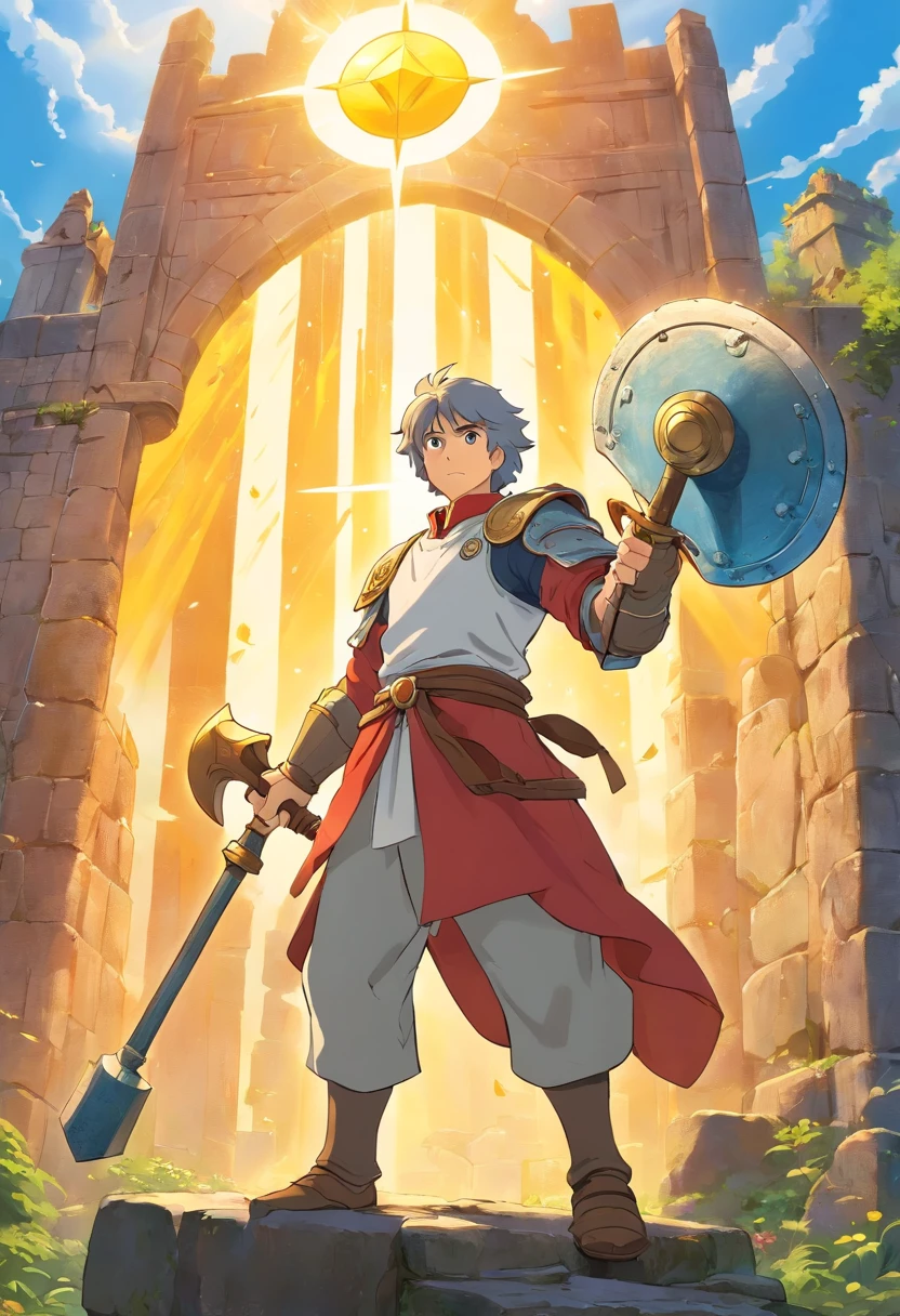 cleric, Homem, musculoso, alto, forte, Detailed holding a large hammer with a sun symbol in one hand, and a shield with a sun symbol on the other side, estilo de fantasia medieval, (Realistic:1.37), cores vibrantes, Armadura intrincada, luz solar dourada, dynamic pose, ancient ruins, mystic atmosphere