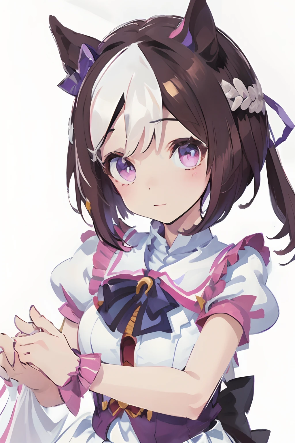 special_week_\(Umamusume)、bow ribbon、bow ribbon、bow ribbon、corsets、Fluffy breasts、nursing、toppless、teats、The upper part of the body、(Refers to the viewer:1.3)、Happiness、(White background:1.5)、(front-facing view:1.3)