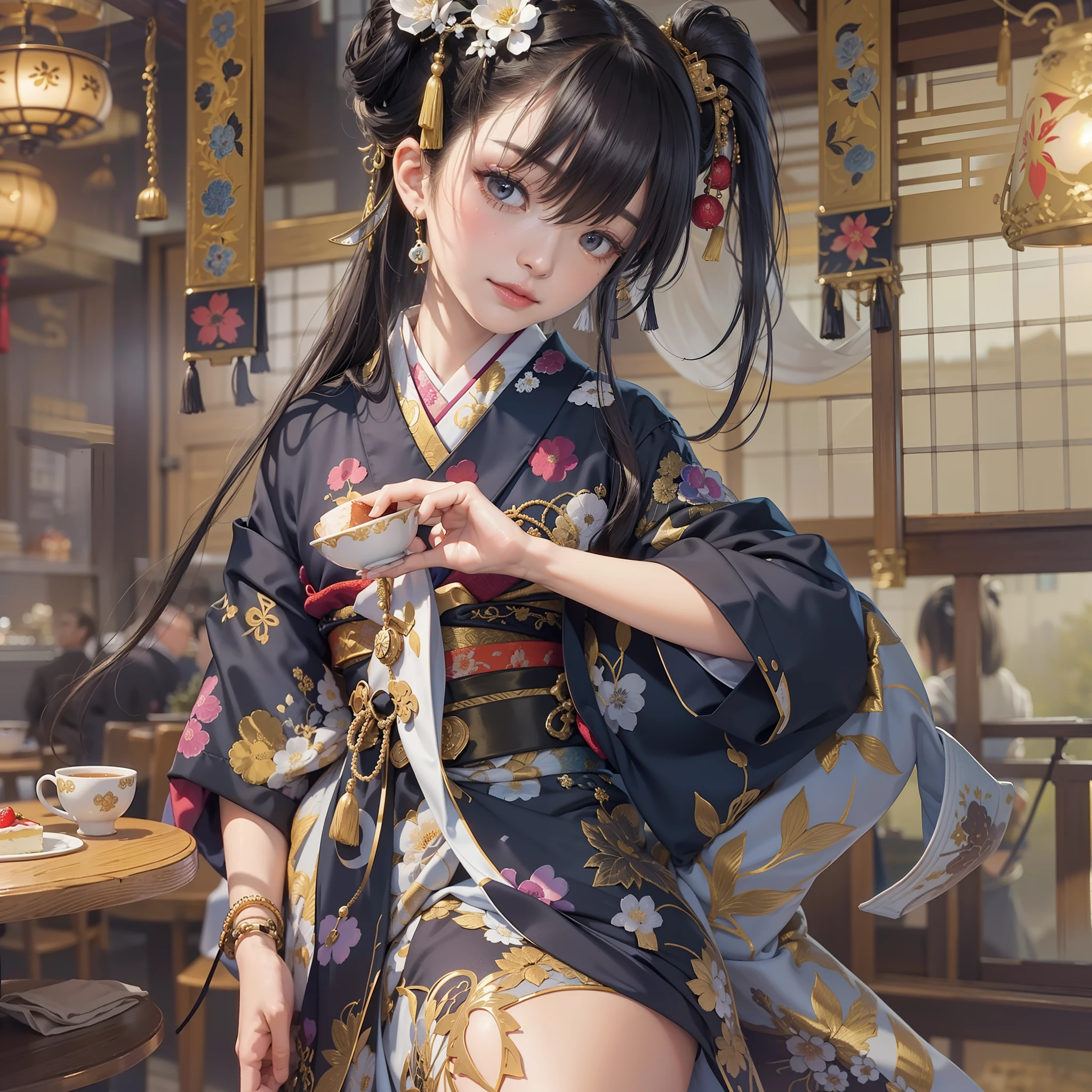 Detailed background(tea shop(The cityscape of Kyoto seen outside the window)),Laid on the table(a cake).Hold it in your right hand(cups＆saucer),BREAK,Put it in your mouth(a cake),BREAK,elaborate costume{Luxury kimono(Colorful kimono(Detailed golden embroidery,))}、(Japanese Idol(actress):1.2)(face perfect:1.2),Depicting a beautiful and classy adult woman。glossy dark hair(poneyTail),Heart in the eye。 Wallpapers 16K, .Blur the background with a sickle,((masutepiece)), ((Best Quality)),{{a portrait photo of}},full body Esbian